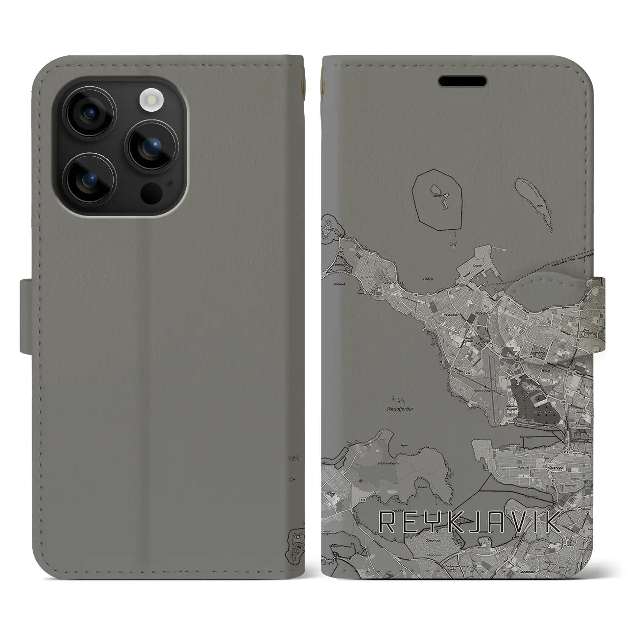 【レイキャヴィーク(アイスランド)】地図柄iPhoneケース(手帳タイプ)モノトーン・iPhone 16 用