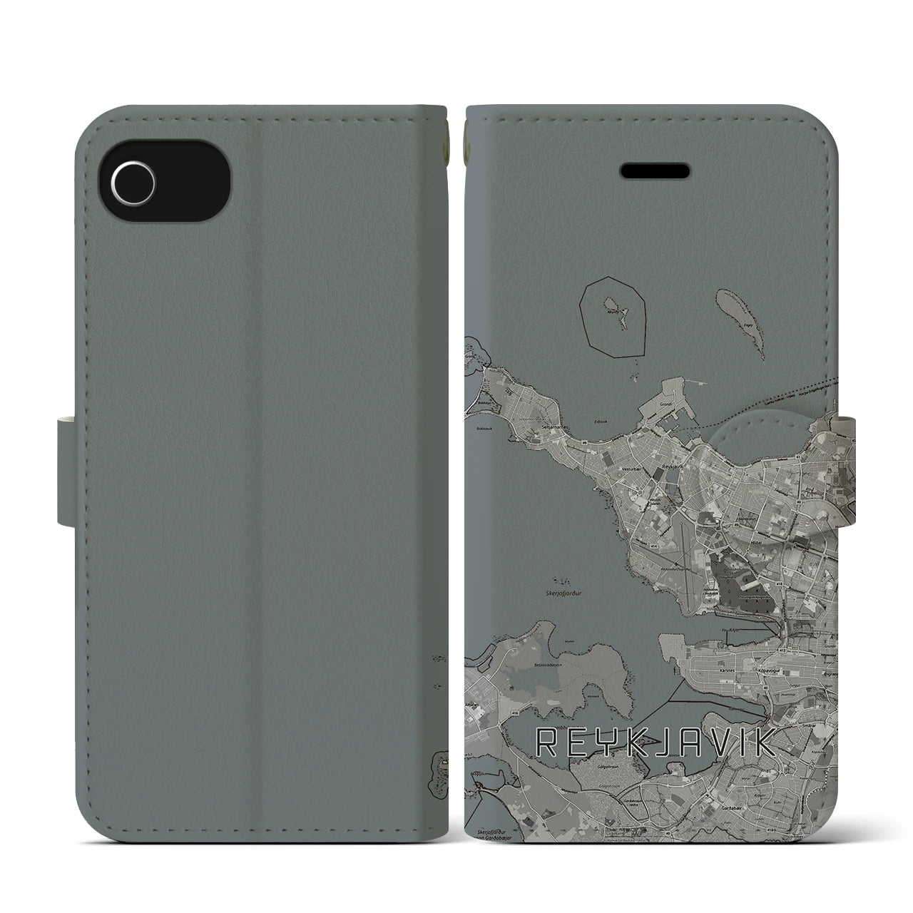 【レイキャヴィーク(アイスランド)】地図柄iPhoneケース(手帳タイプ)モノトーン・iPhone SE(第3 / 第2世代) / 8 / 7 / 6s / 6 用