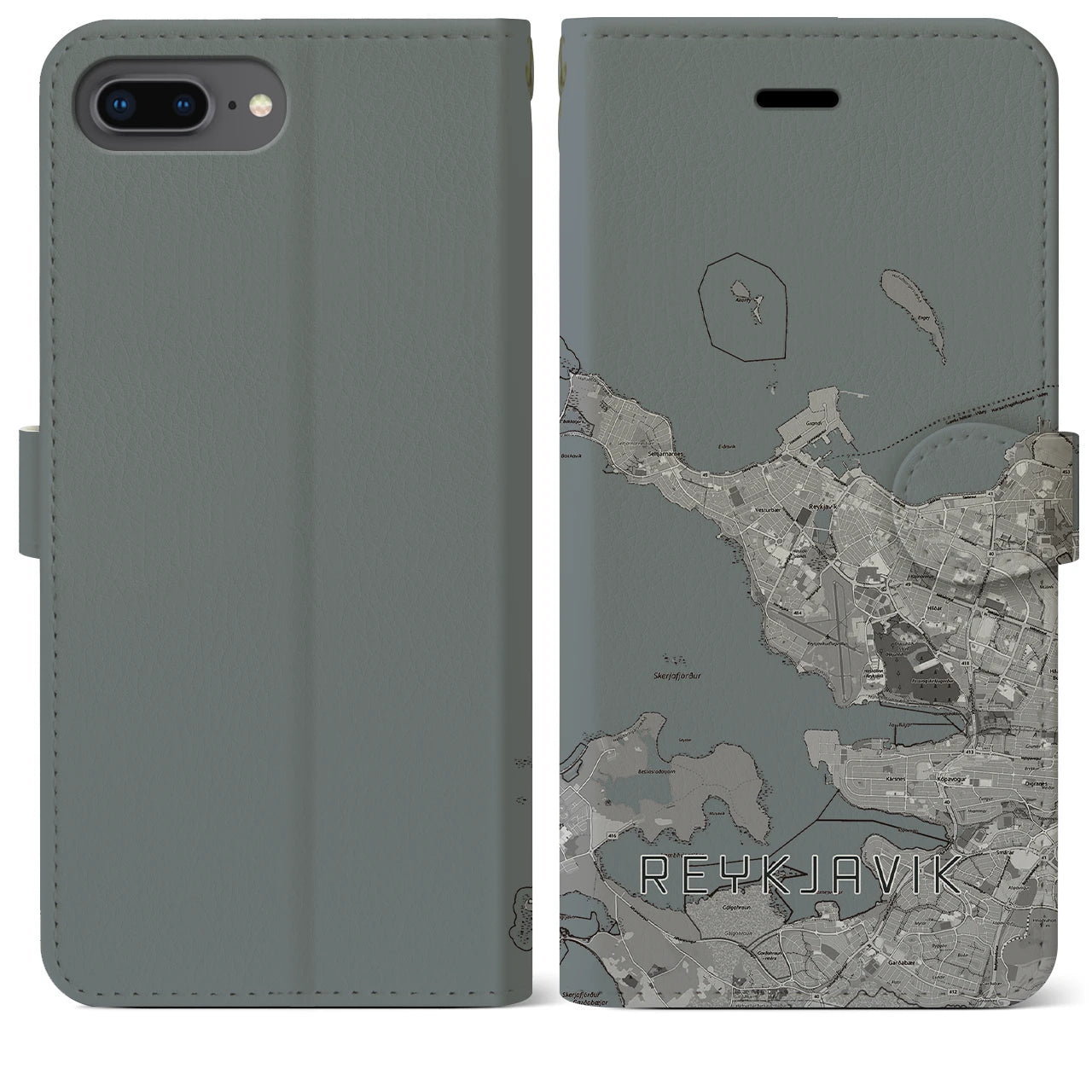 【レイキャヴィーク(アイスランド)】地図柄iPhoneケース(手帳タイプ)モノトーン・iPhone 8Plus /7Plus / 6sPlus / 6Plus 用