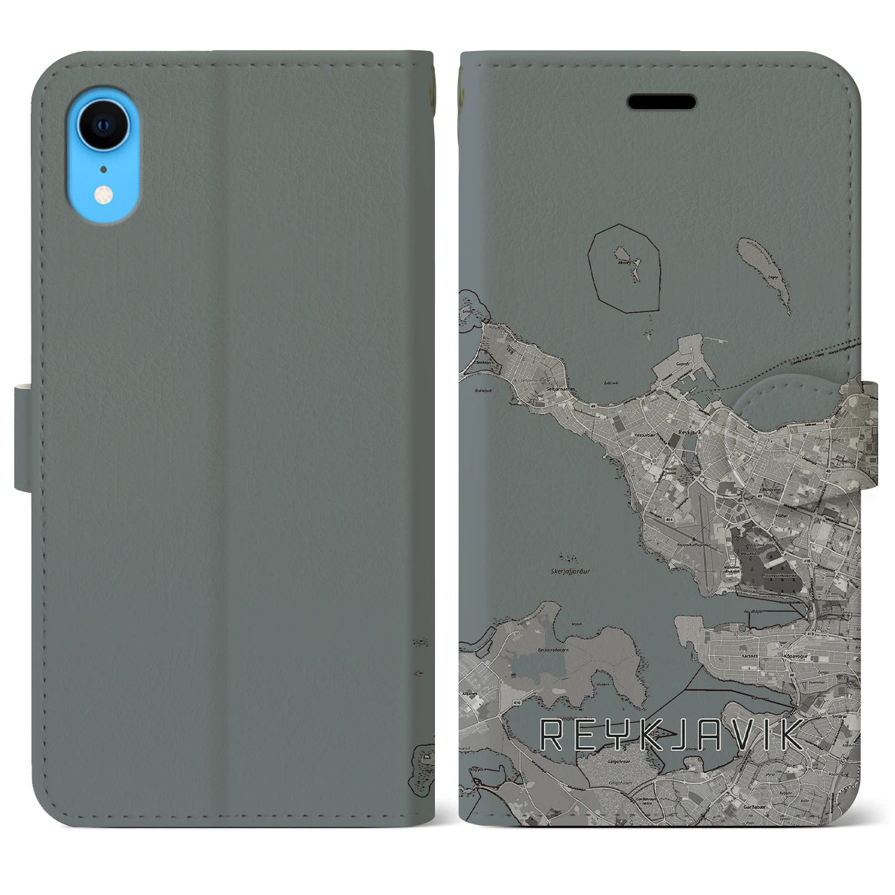 【レイキャヴィーク(アイスランド)】地図柄iPhoneケース(手帳タイプ)モノトーン・iPhone XR 用