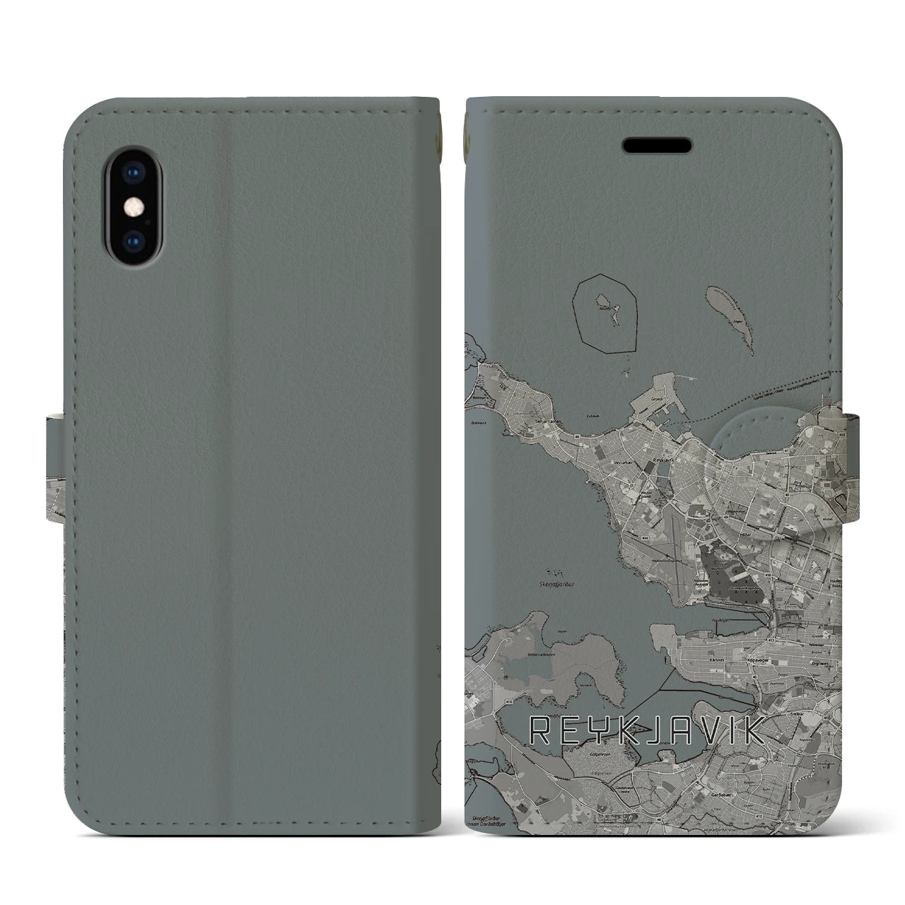 【レイキャヴィーク(アイスランド)】地図柄iPhoneケース(手帳タイプ)モノトーン・iPhone XS / X 用