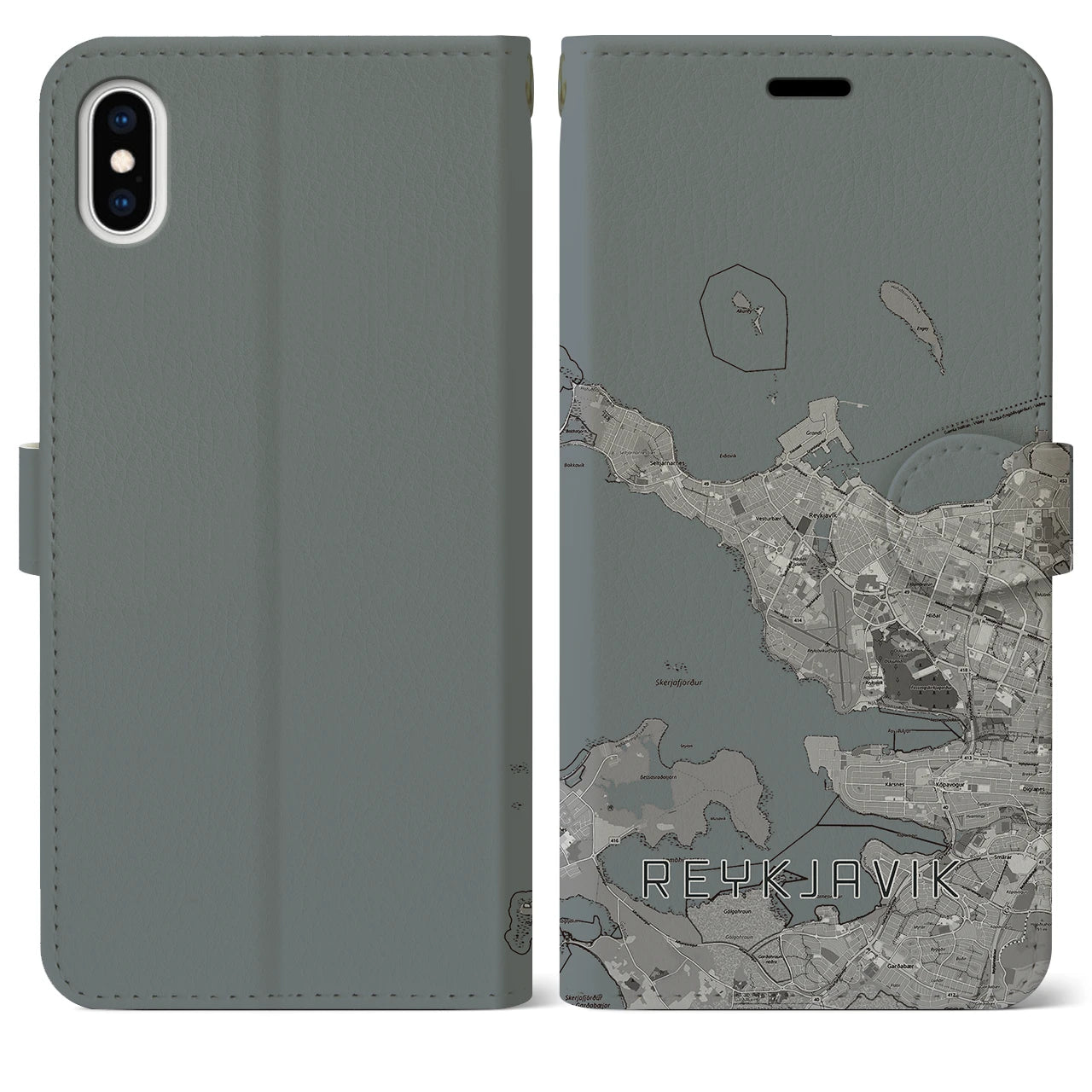 【レイキャヴィーク(アイスランド)】地図柄iPhoneケース(手帳タイプ)モノトーン・iPhone XS Max 用
