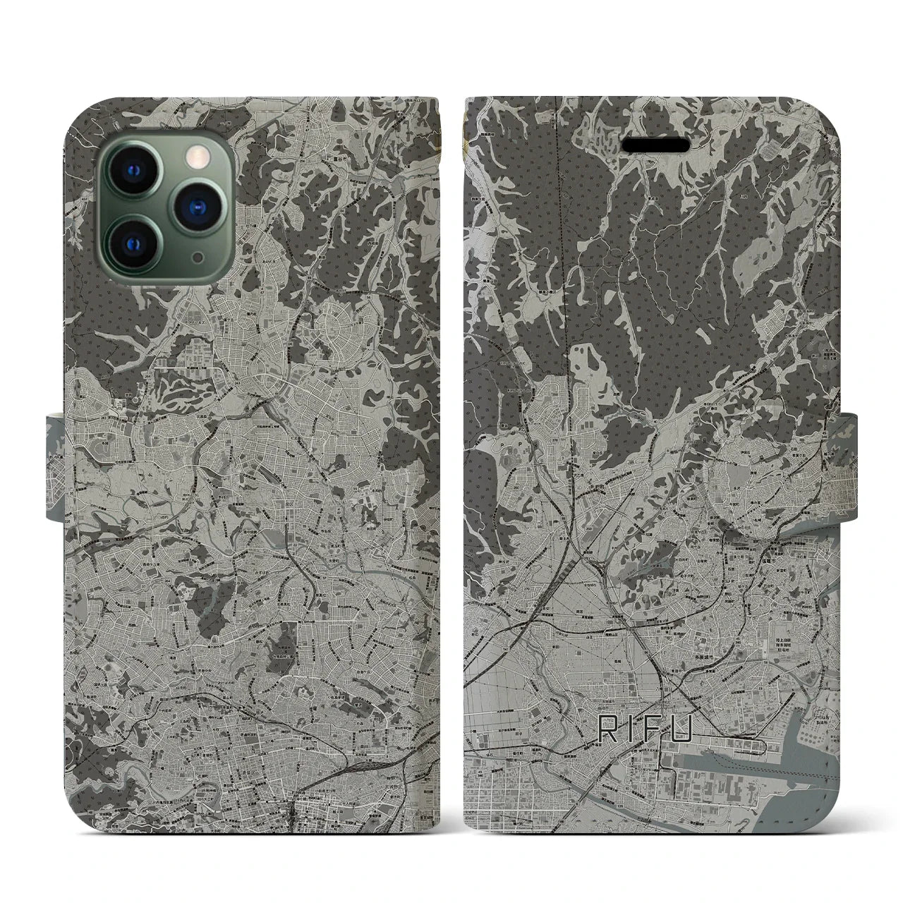 【利府(宮城県)】地図柄iPhoneケース(手帳タイプ)モノトーン・iPhone 11 Pro 用