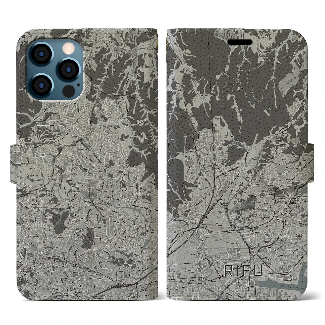 【利府(宮城県)】地図柄iPhoneケース(手帳タイプ)モノトーン・iPhone 12 / 12 Pro 用