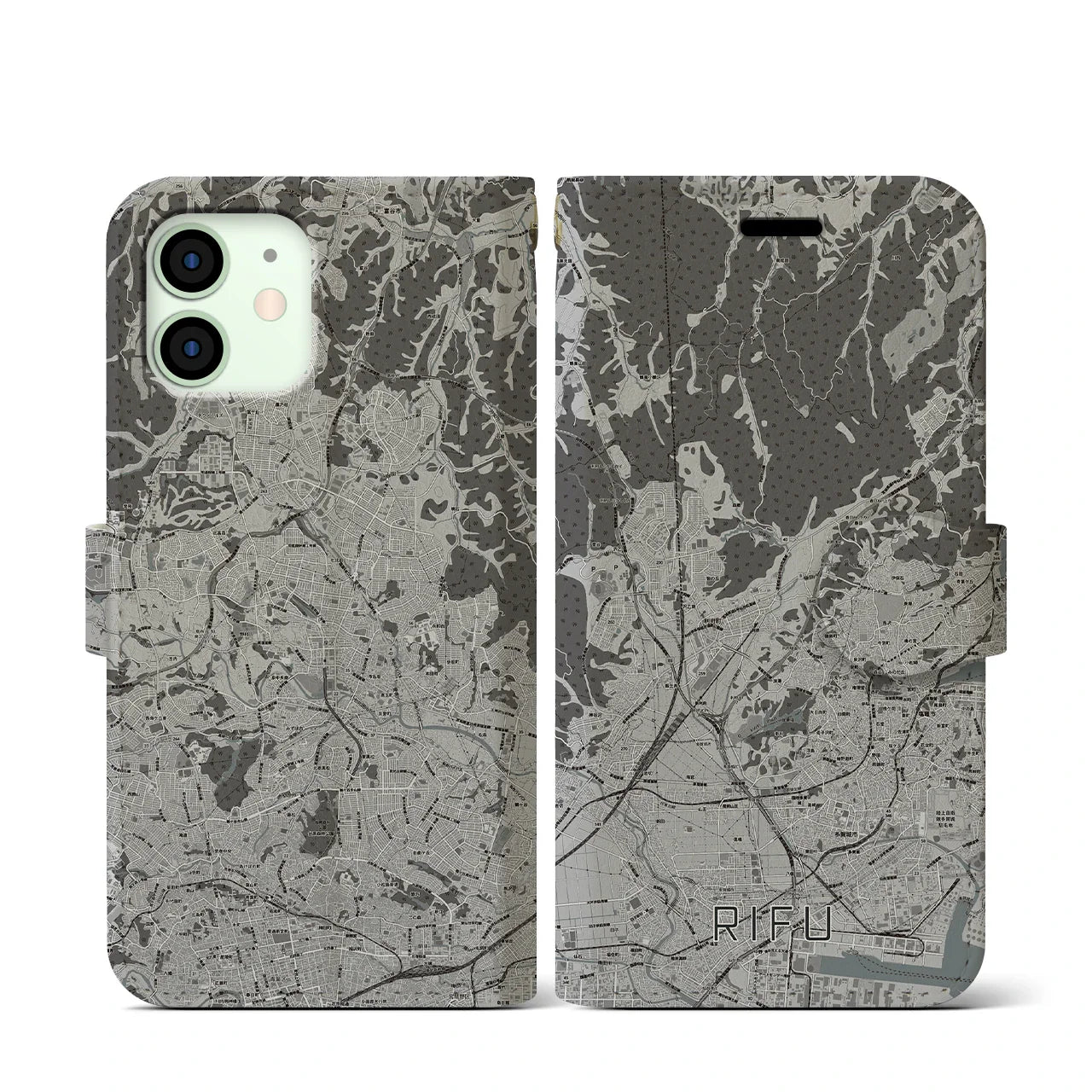 【利府(宮城県)】地図柄iPhoneケース(手帳タイプ)モノトーン・iPhone 12 mini 用