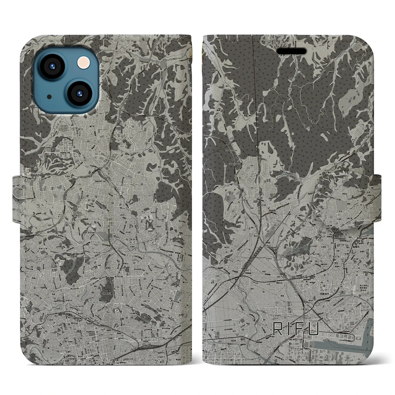【利府(宮城県)】地図柄iPhoneケース(手帳タイプ)モノトーン・iPhone 13 用