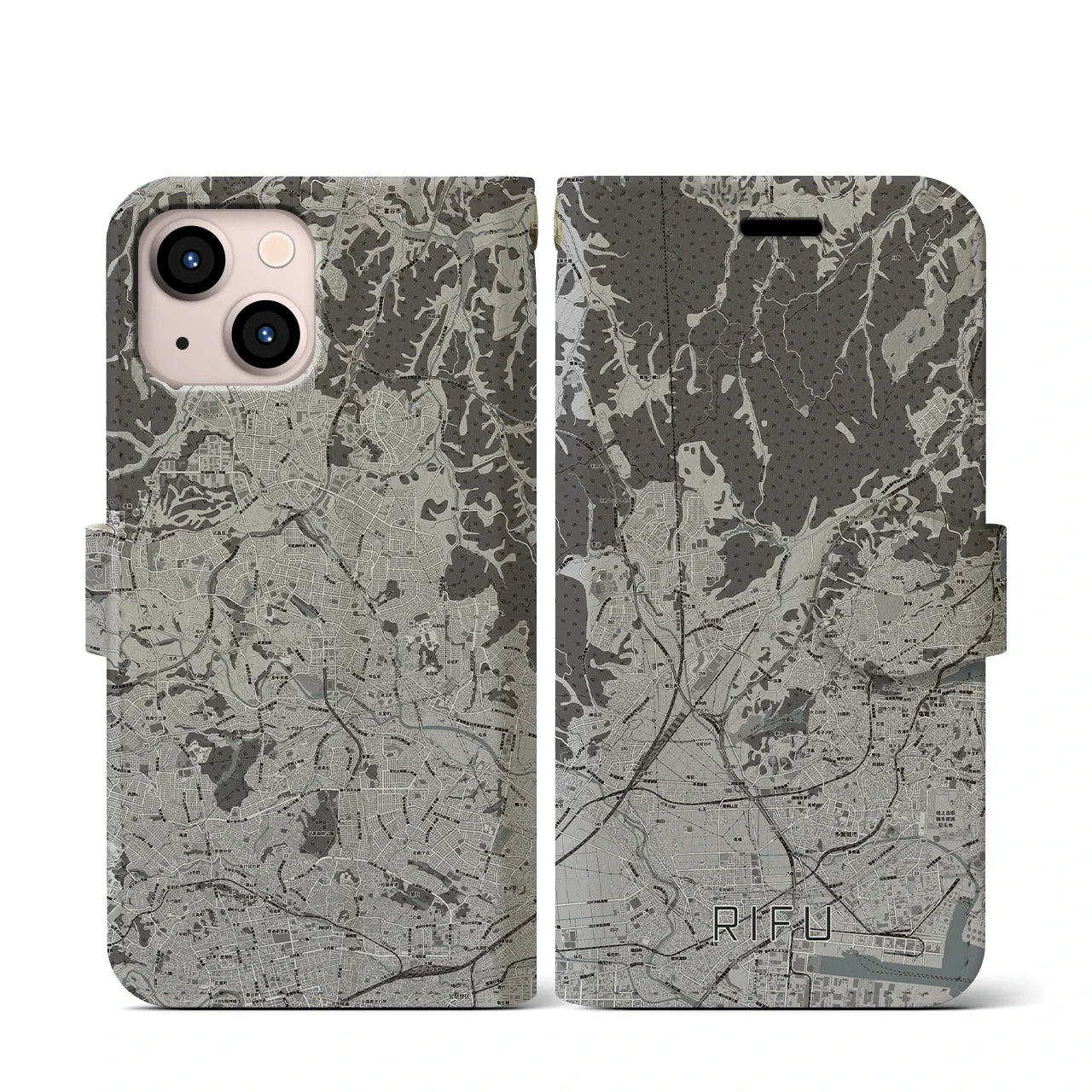 【利府(宮城県)】地図柄iPhoneケース(手帳タイプ)モノトーン・iPhone 13 mini 用