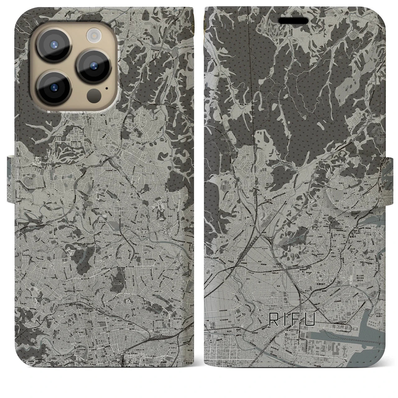 【利府(宮城県)】地図柄iPhoneケース(手帳タイプ)モノトーン・iPhone 14 Pro Max 用