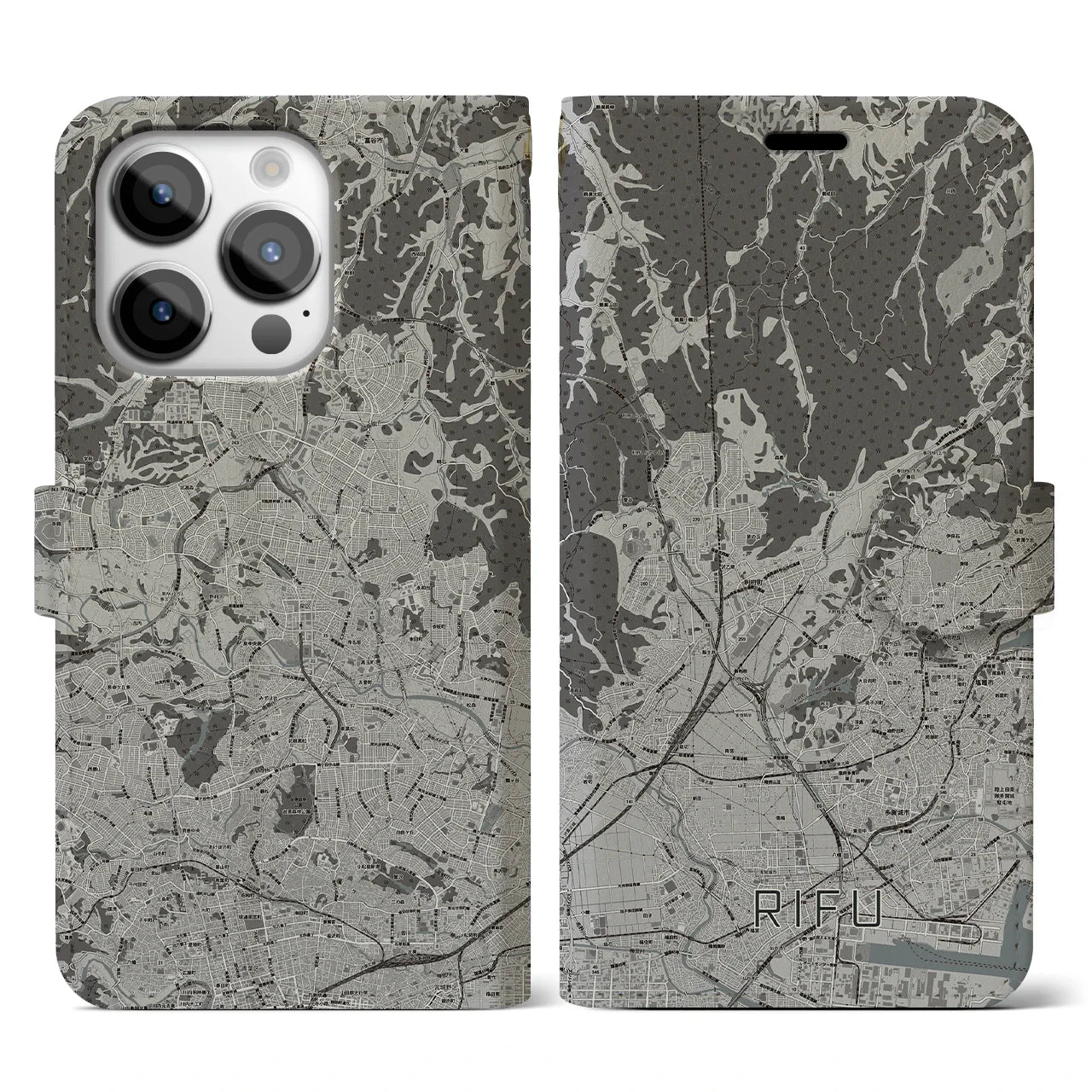 【利府(宮城県)】地図柄iPhoneケース(手帳タイプ)モノトーン・iPhone 14 Pro 用