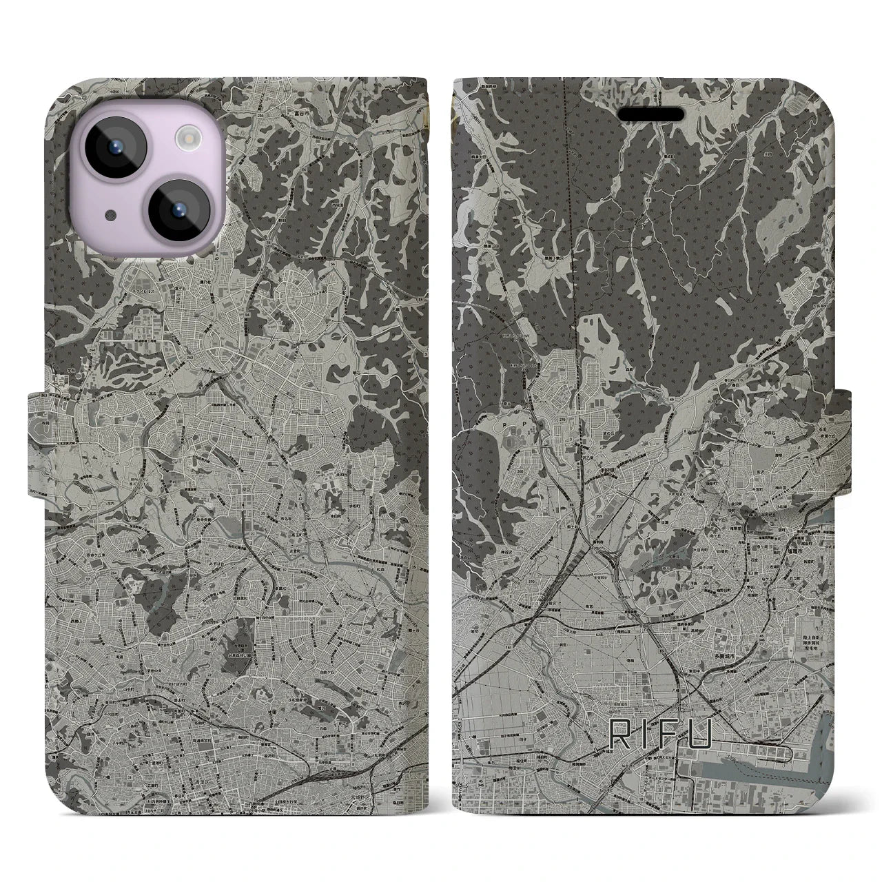 【利府(宮城県)】地図柄iPhoneケース(手帳タイプ)モノトーン・iPhone 14 用