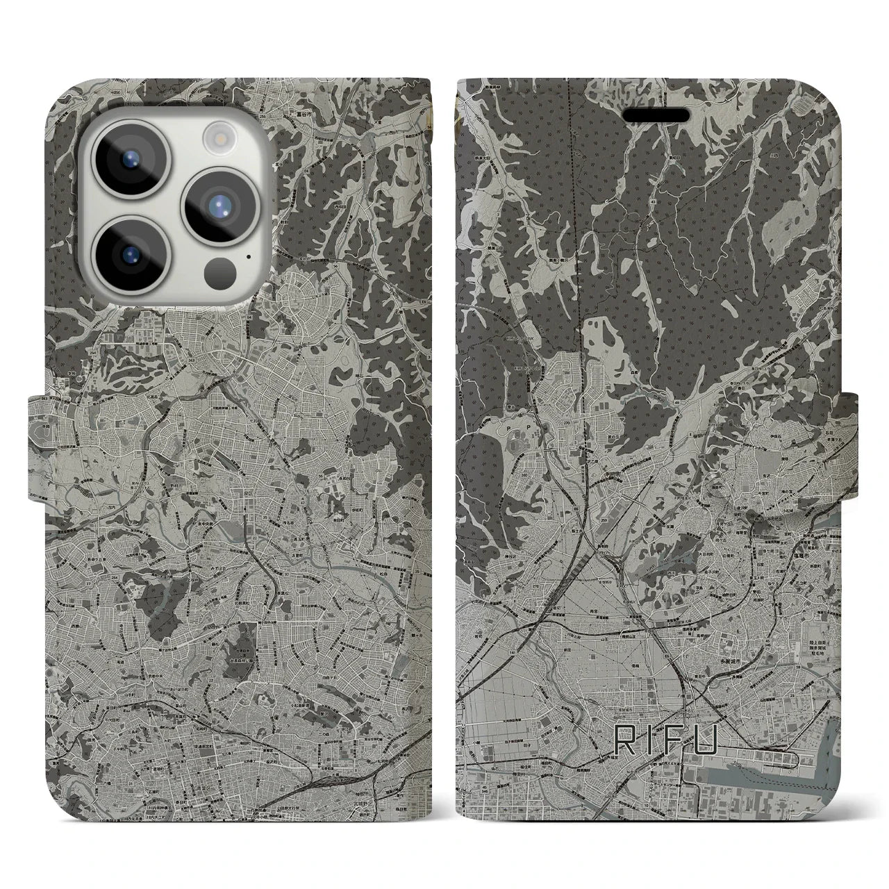 【利府(宮城県)】地図柄iPhoneケース(手帳タイプ)モノトーン・iPhone 15 Pro 用
