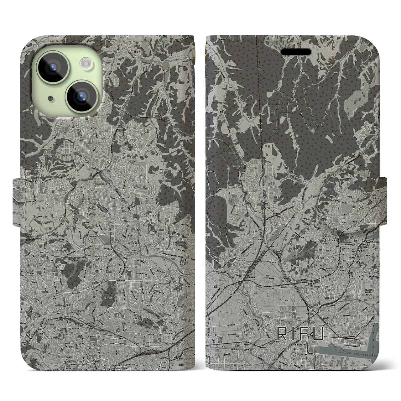 【利府(宮城県)】地図柄iPhoneケース(手帳タイプ)モノトーン・iPhone 15 用
