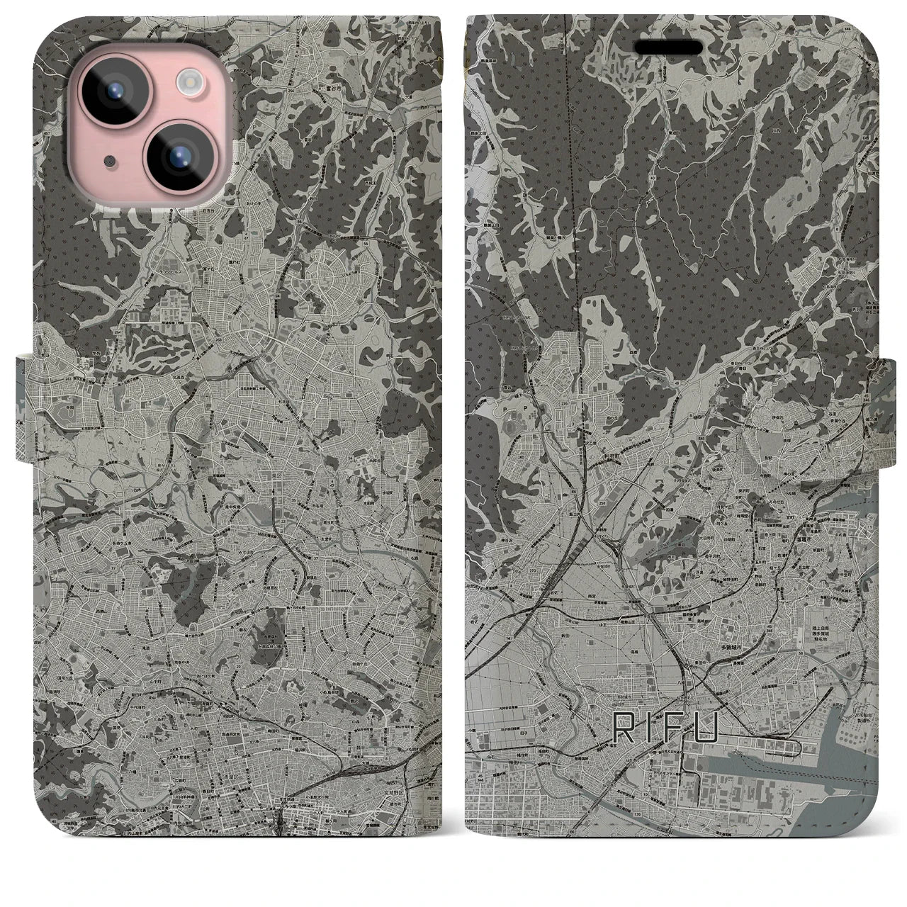 【利府(宮城県)】地図柄iPhoneケース(手帳タイプ)モノトーン・iPhone 15 Plus 用