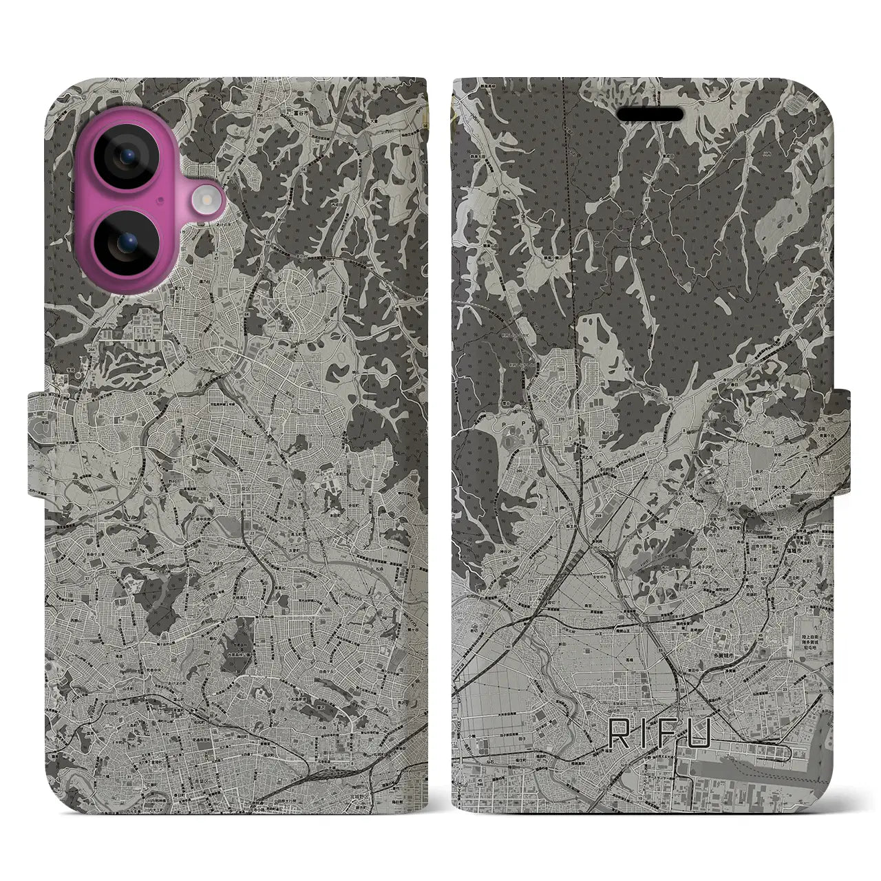 【利府(宮城県)】地図柄iPhoneケース(手帳タイプ)モノトーン・iPhone 16 Pro 用