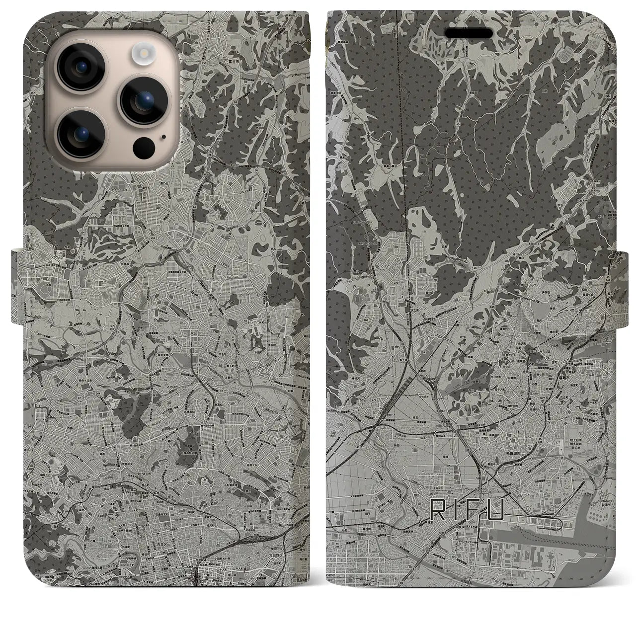 【利府(宮城県)】地図柄iPhoneケース(手帳タイプ)モノトーン・iPhone 16 Plus 用