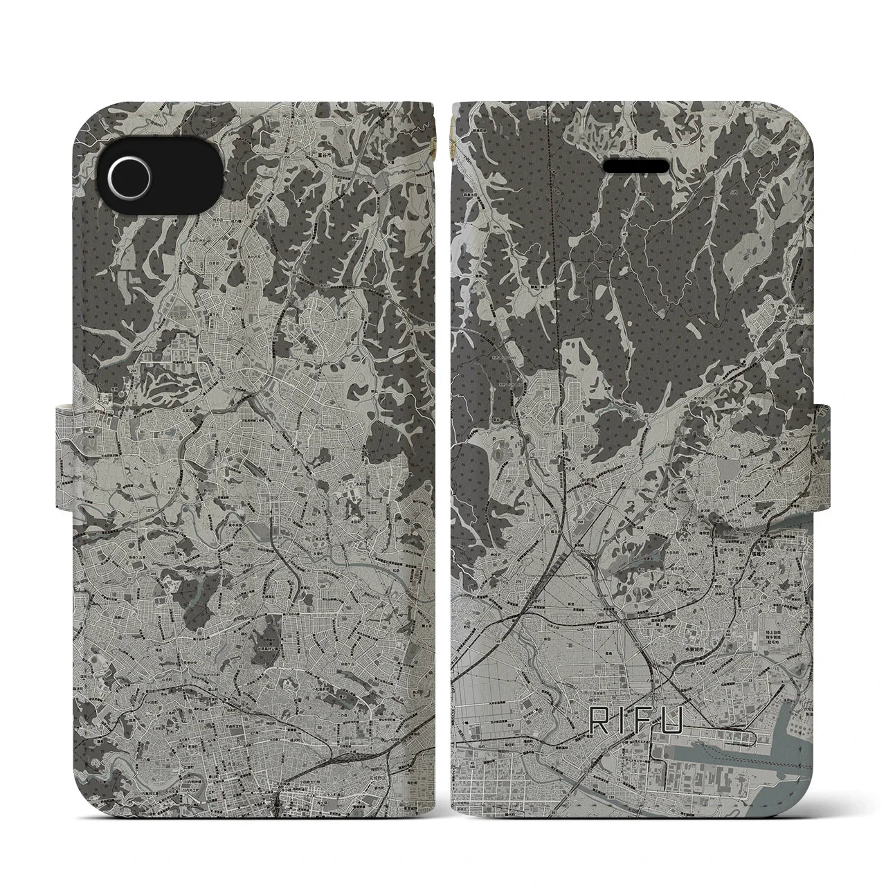 【利府(宮城県)】地図柄iPhoneケース(手帳タイプ)モノトーン・iPhone SE(第3 / 第2世代) / 8 / 7 / 6s / 6 用