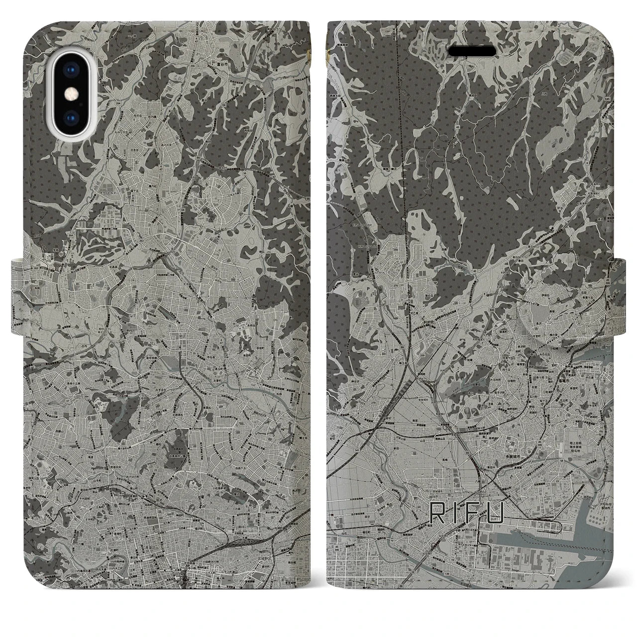 【利府(宮城県)】地図柄iPhoneケース(手帳タイプ)モノトーン・iPhone XS Max 用