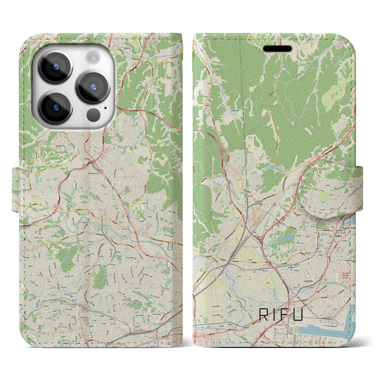 【利府(宮城県)】地図柄iPhoneケース(手帳タイプ)ナチュラル・iPhone 14 Pro 用