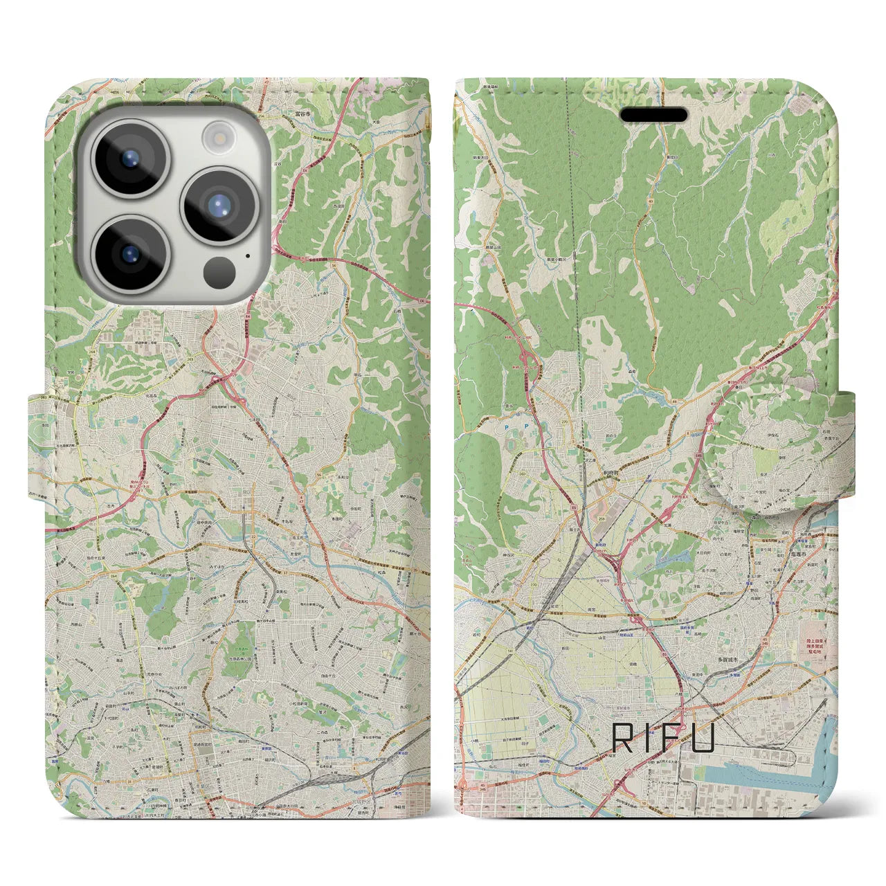 【利府(宮城県)】地図柄iPhoneケース(手帳タイプ)ナチュラル・iPhone 15 Pro 用