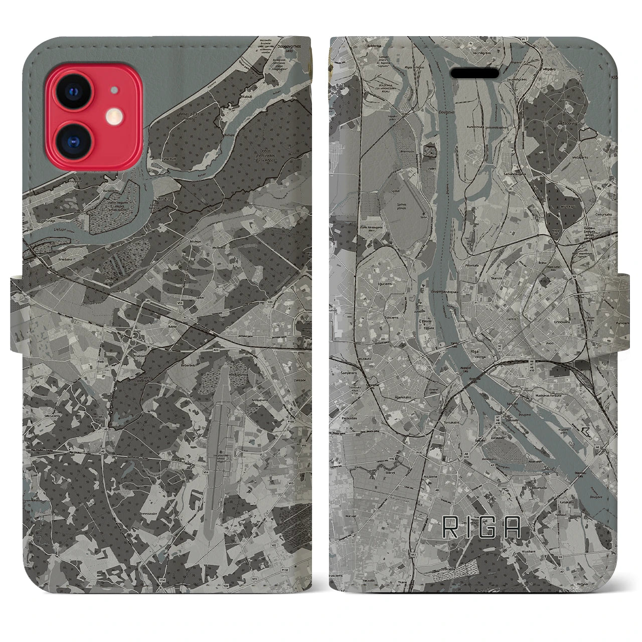 【リガ(ラトビア)】地図柄iPhoneケース(手帳タイプ)モノトーン・iPhone 11 用