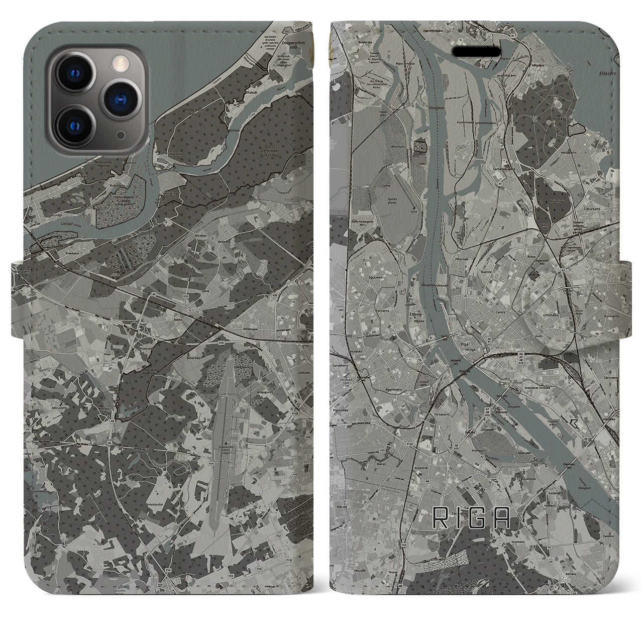 【リガ(ラトビア)】地図柄iPhoneケース(手帳タイプ)モノトーン・iPhone 11 Pro Max 用