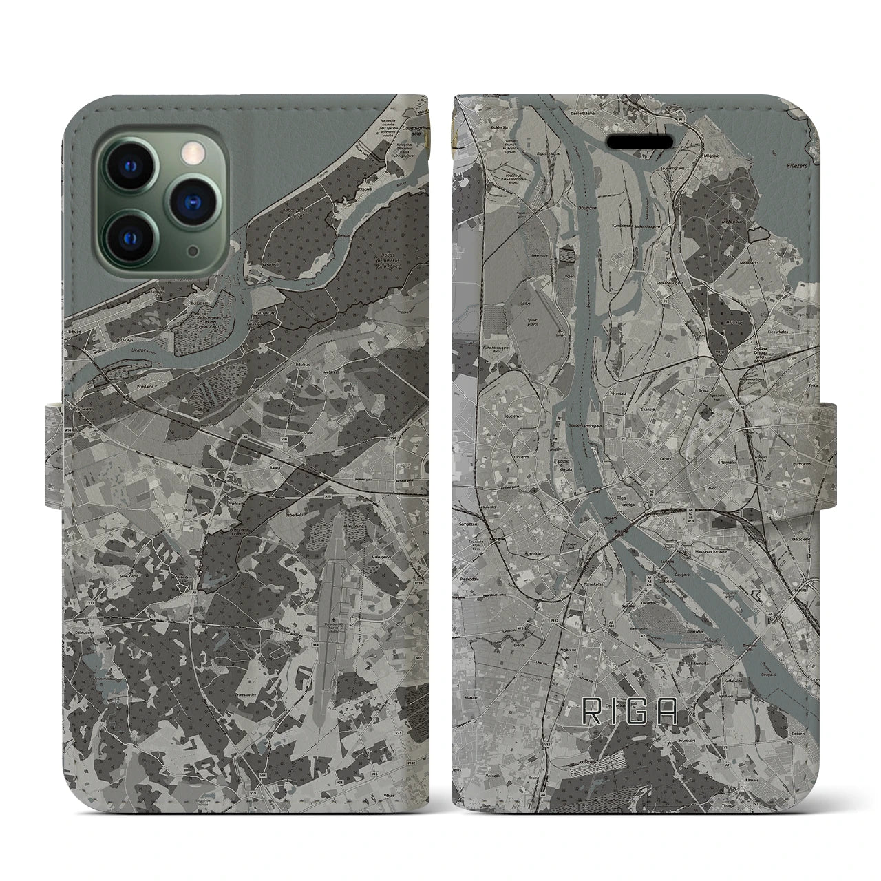 【リガ(ラトビア)】地図柄iPhoneケース(手帳タイプ)モノトーン・iPhone 11 Pro 用