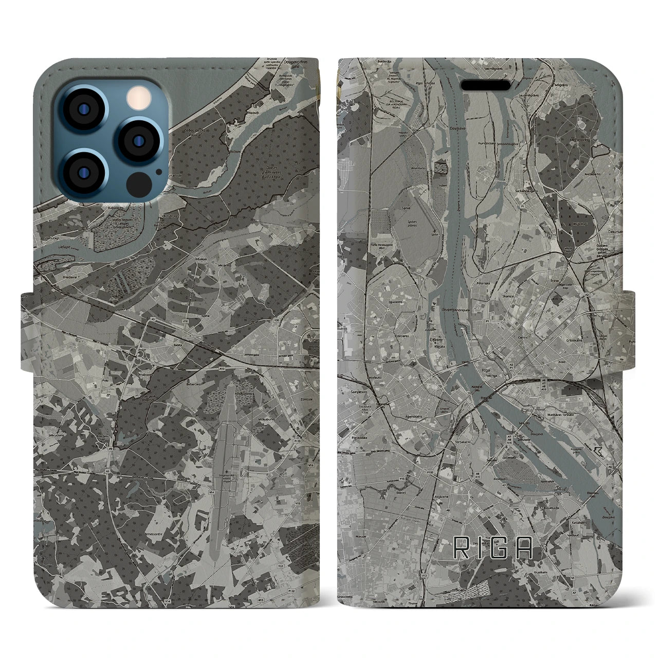【リガ(ラトビア)】地図柄iPhoneケース(手帳タイプ)モノトーン・iPhone 12 / 12 Pro 用
