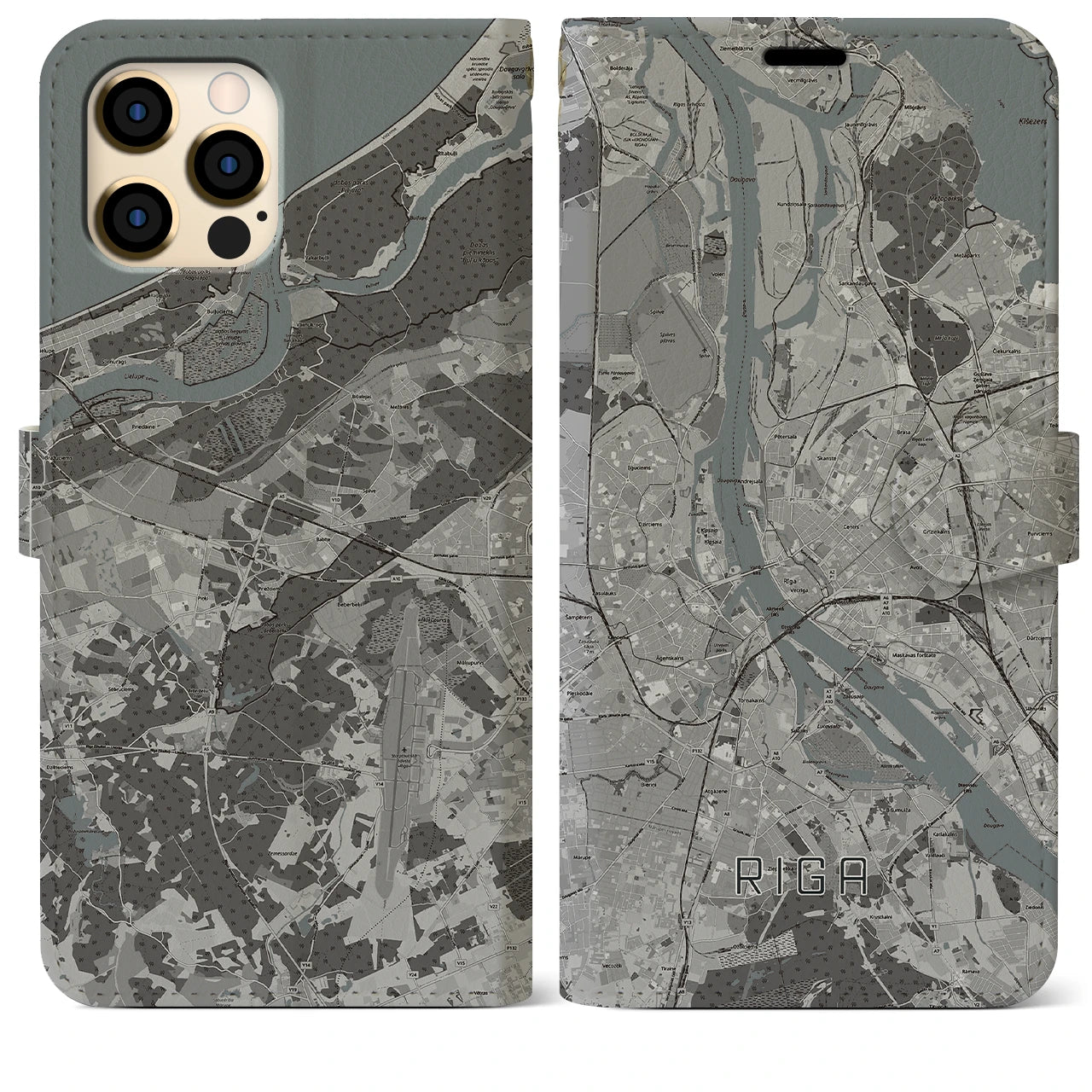 【リガ(ラトビア)】地図柄iPhoneケース(手帳タイプ)モノトーン・iPhone 12 Pro Max 用