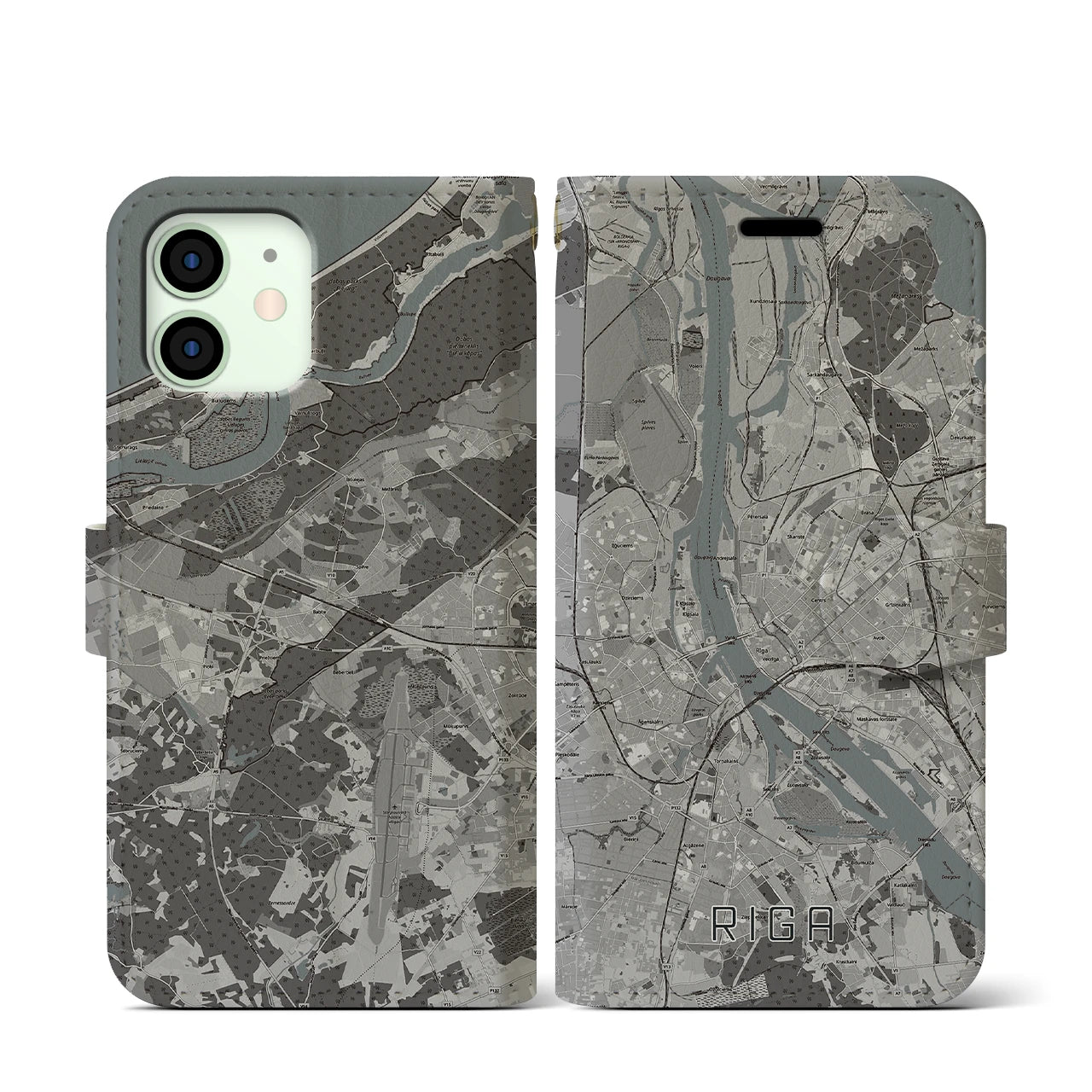 【リガ(ラトビア)】地図柄iPhoneケース(手帳タイプ)モノトーン・iPhone 12 mini 用