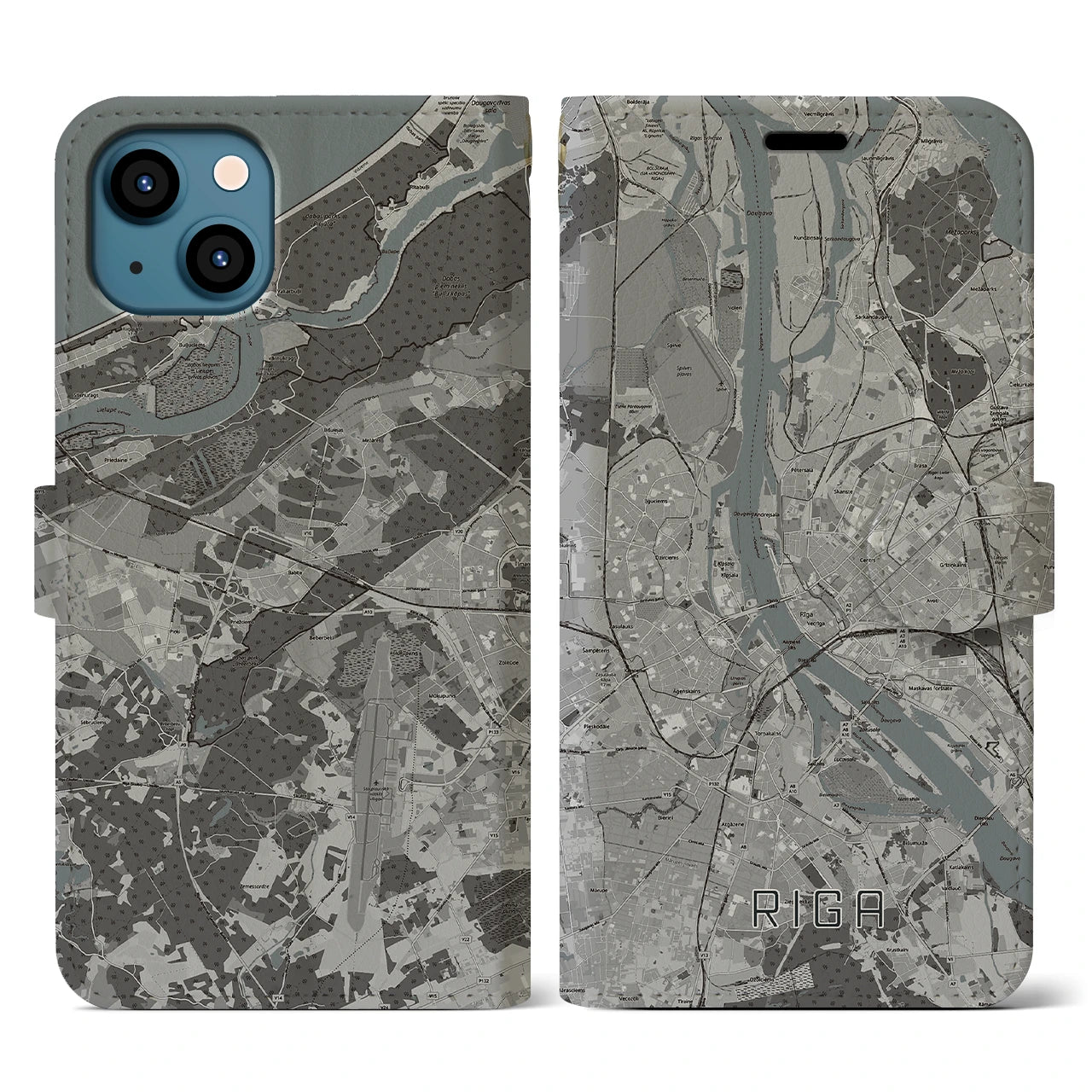【リガ(ラトビア)】地図柄iPhoneケース(手帳タイプ)モノトーン・iPhone 13 用