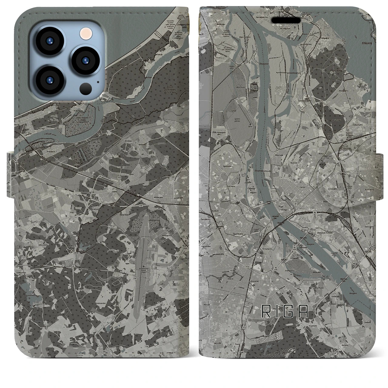 【リガ(ラトビア)】地図柄iPhoneケース(手帳タイプ)モノトーン・iPhone 13 Pro Max 用
