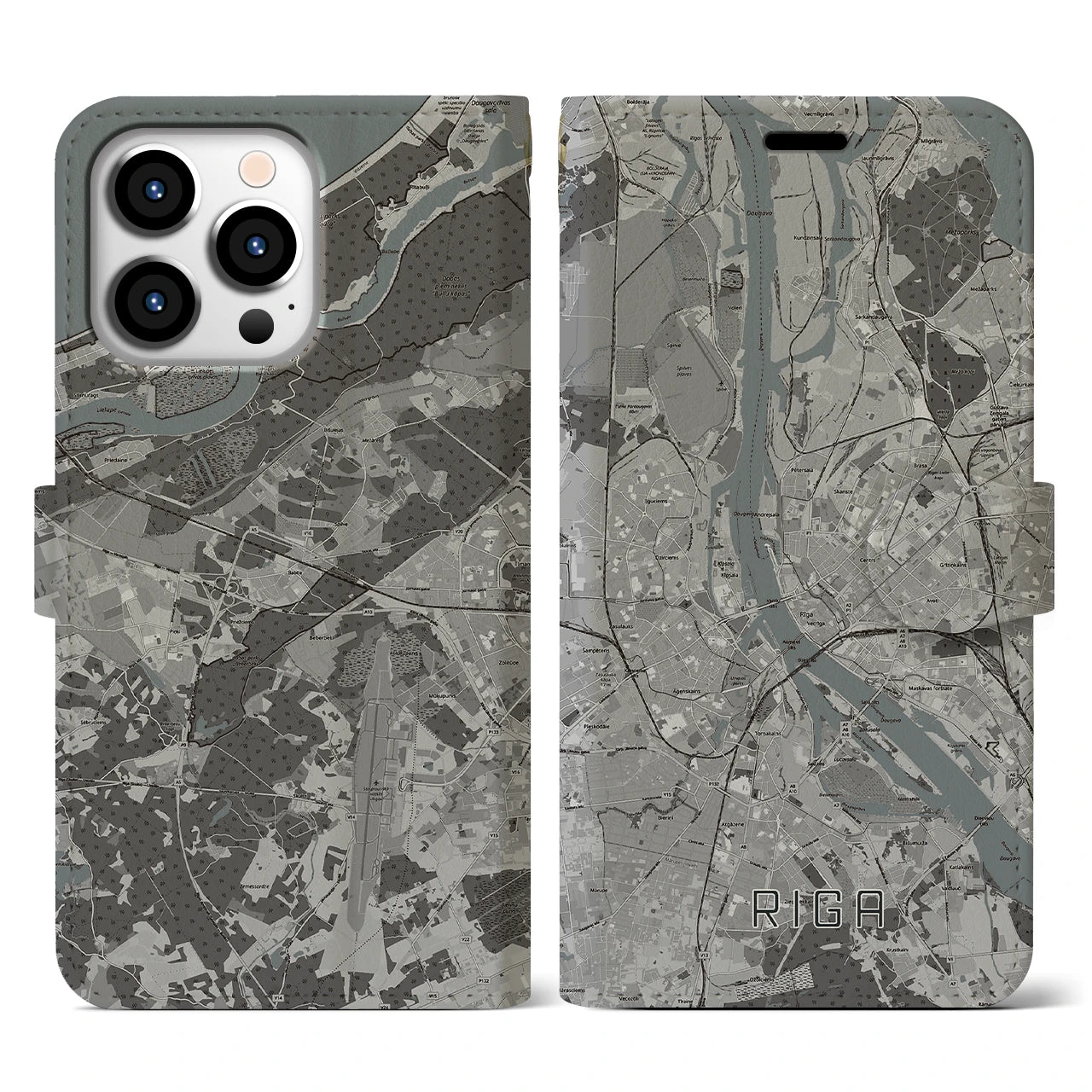 【リガ(ラトビア)】地図柄iPhoneケース(手帳タイプ)モノトーン・iPhone 13 Pro 用
