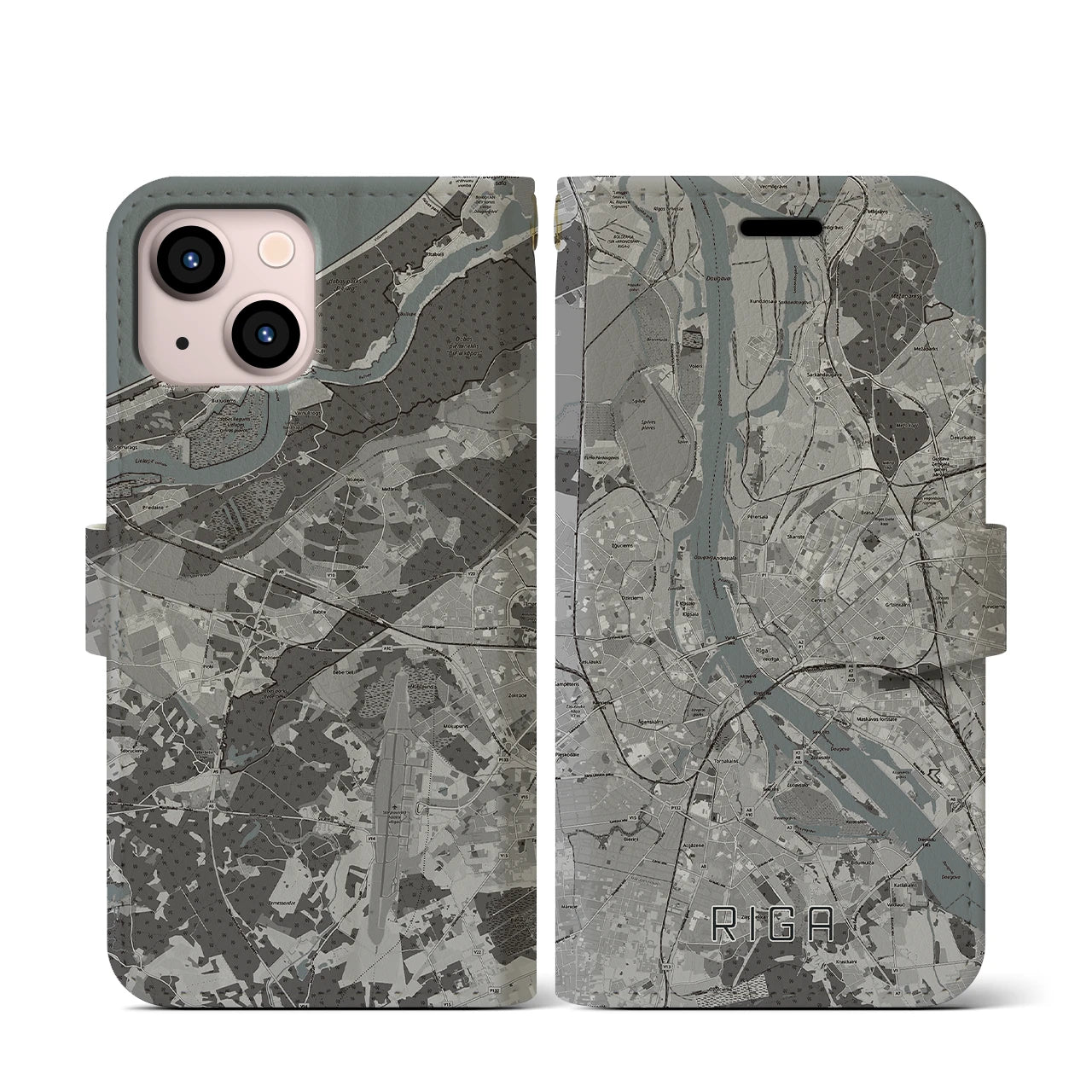 【リガ(ラトビア)】地図柄iPhoneケース(手帳タイプ)モノトーン・iPhone 13 mini 用