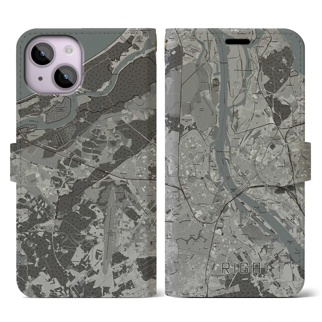 【リガ(ラトビア)】地図柄iPhoneケース(手帳タイプ)モノトーン・iPhone 14 用