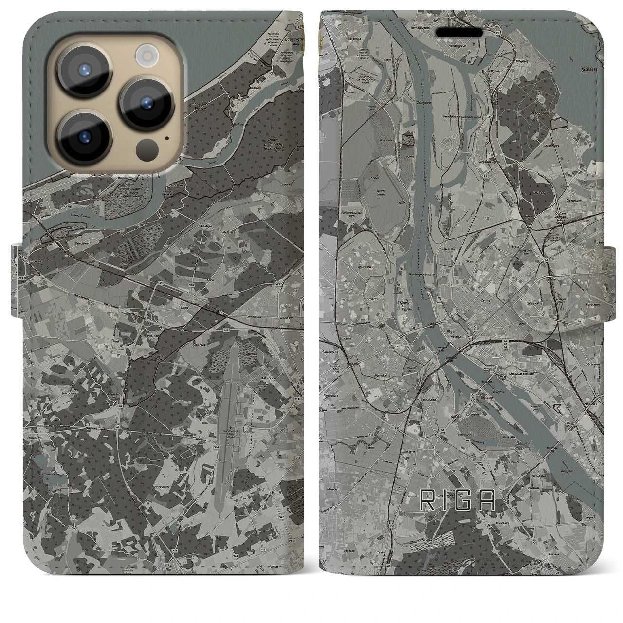 【リガ(ラトビア)】地図柄iPhoneケース(手帳タイプ)モノトーン・iPhone 14 Pro Max 用