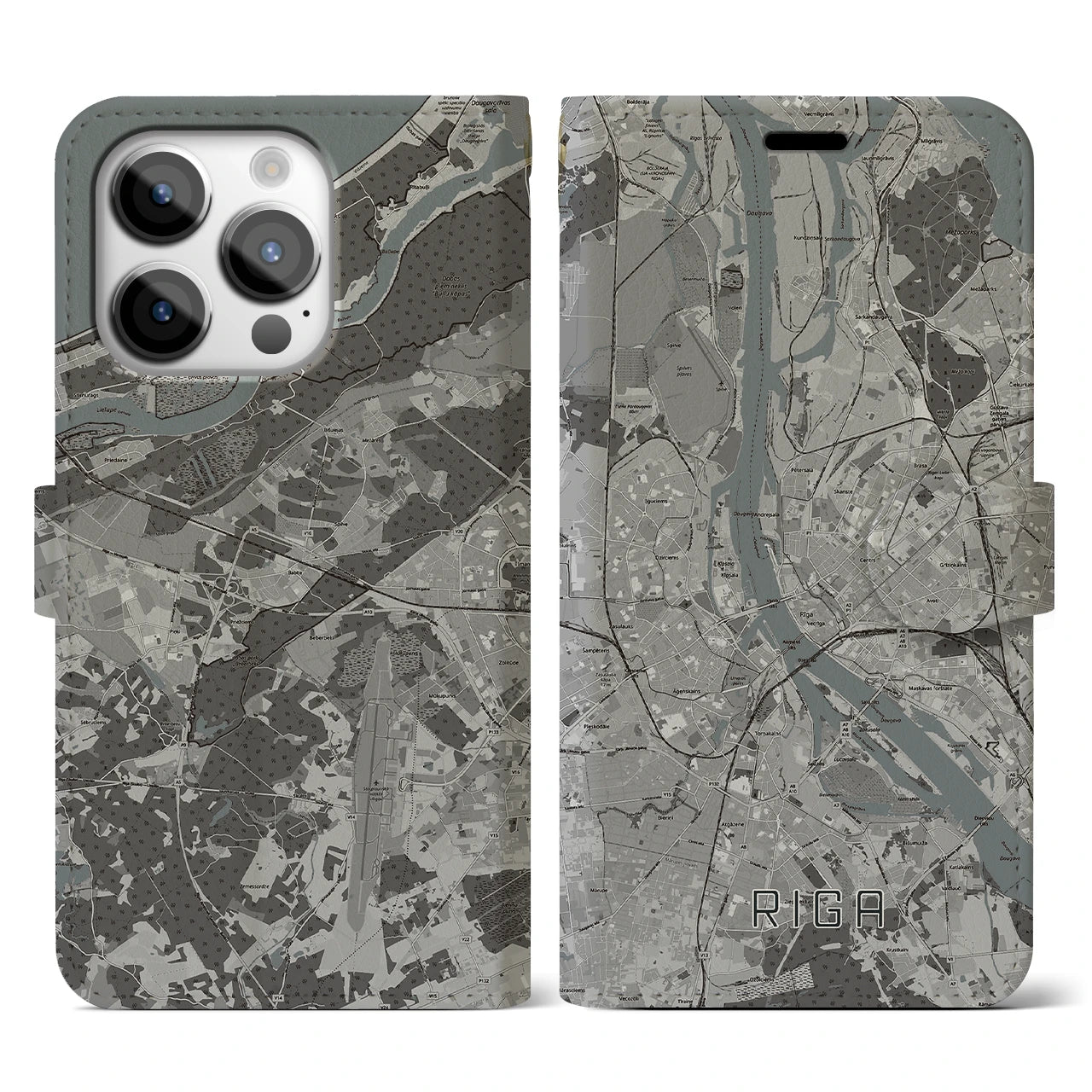【リガ(ラトビア)】地図柄iPhoneケース(手帳タイプ)モノトーン・iPhone 14 Pro 用