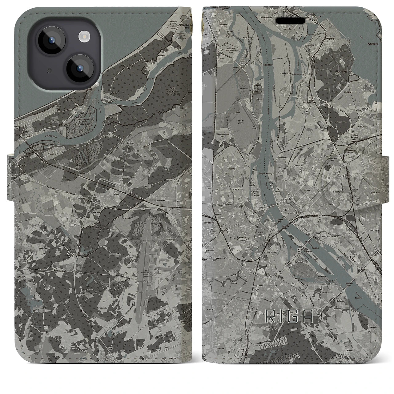 【リガ(ラトビア)】地図柄iPhoneケース(手帳タイプ)モノトーン・iPhone 14 Plus 用