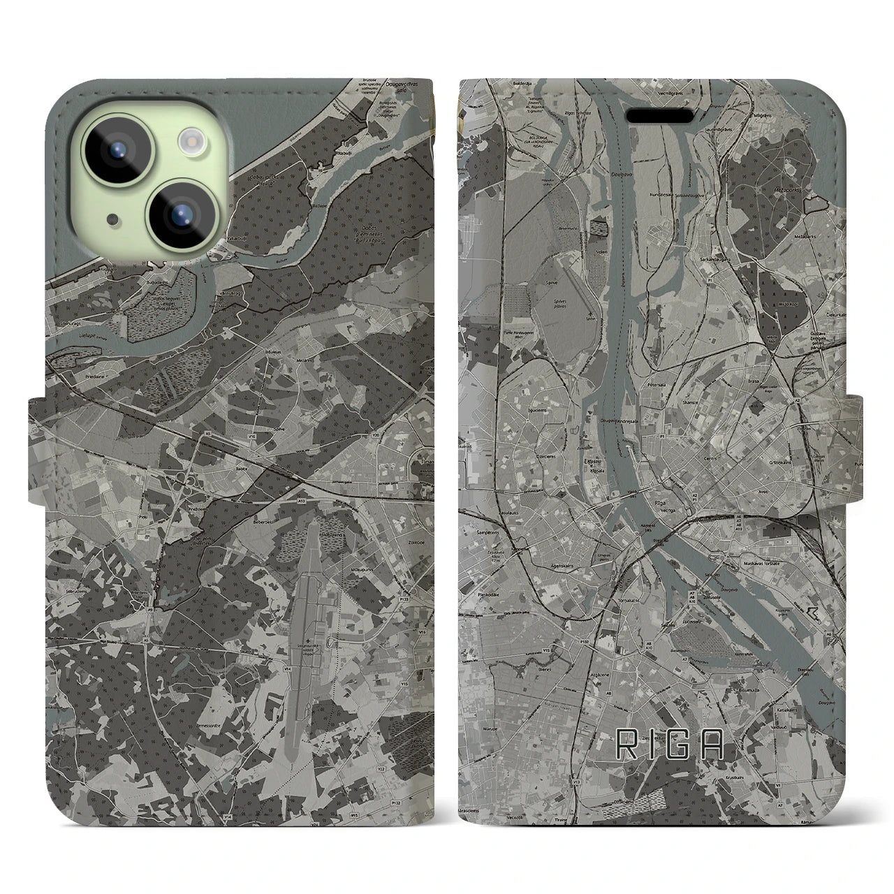 【リガ(ラトビア)】地図柄iPhoneケース(手帳タイプ)モノトーン・iPhone 15 用