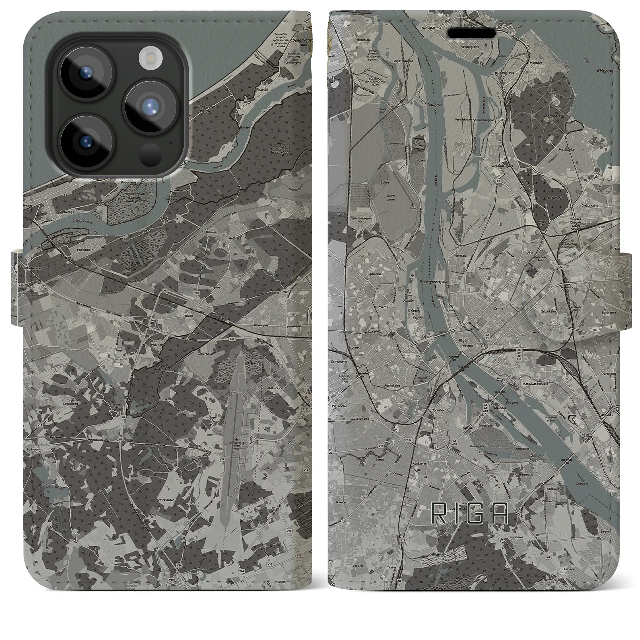 【リガ(ラトビア)】地図柄iPhoneケース(手帳タイプ)モノトーン・iPhone 15 Pro Max 用