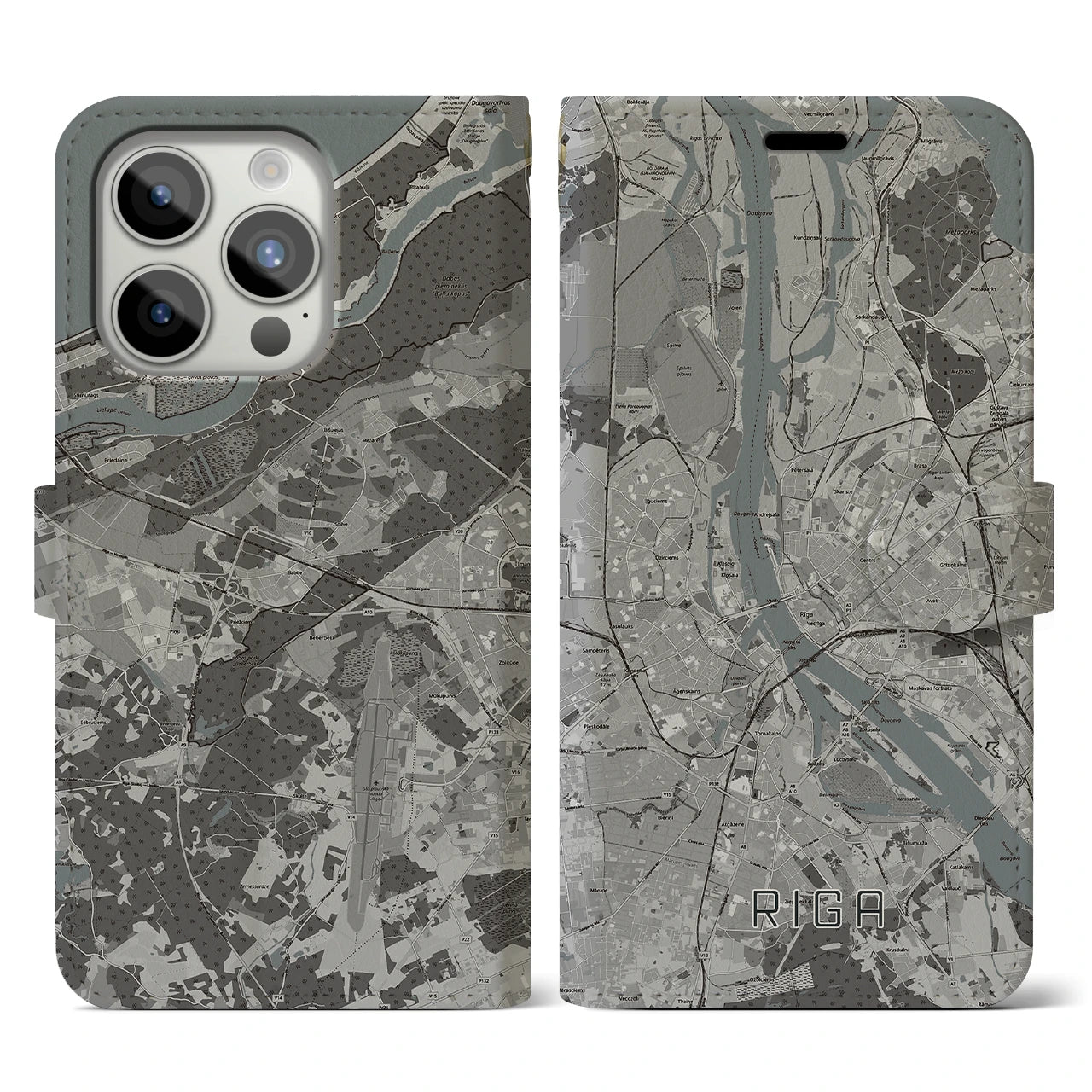 【リガ(ラトビア)】地図柄iPhoneケース(手帳タイプ)モノトーン・iPhone 15 Pro 用