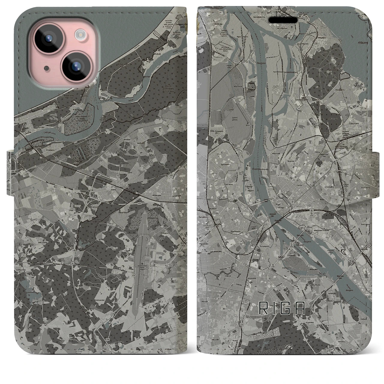 【リガ(ラトビア)】地図柄iPhoneケース(手帳タイプ)モノトーン・iPhone 15 Plus 用