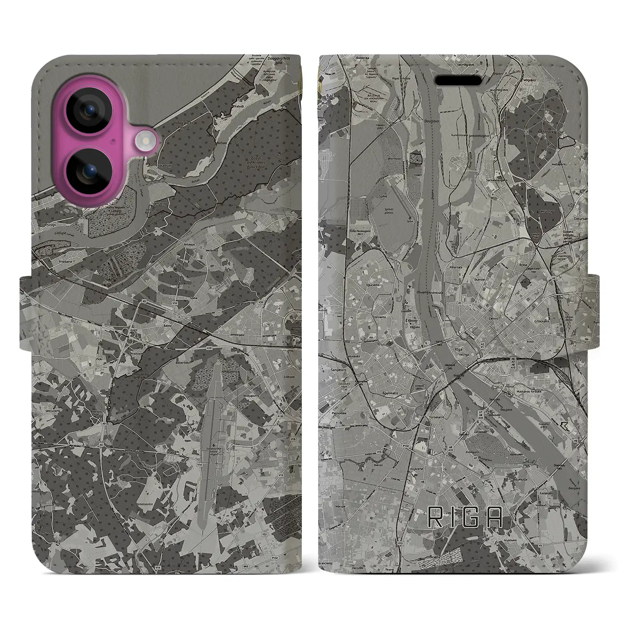 【リガ(ラトビア)】地図柄iPhoneケース(手帳タイプ)モノトーン・iPhone 16 Pro 用