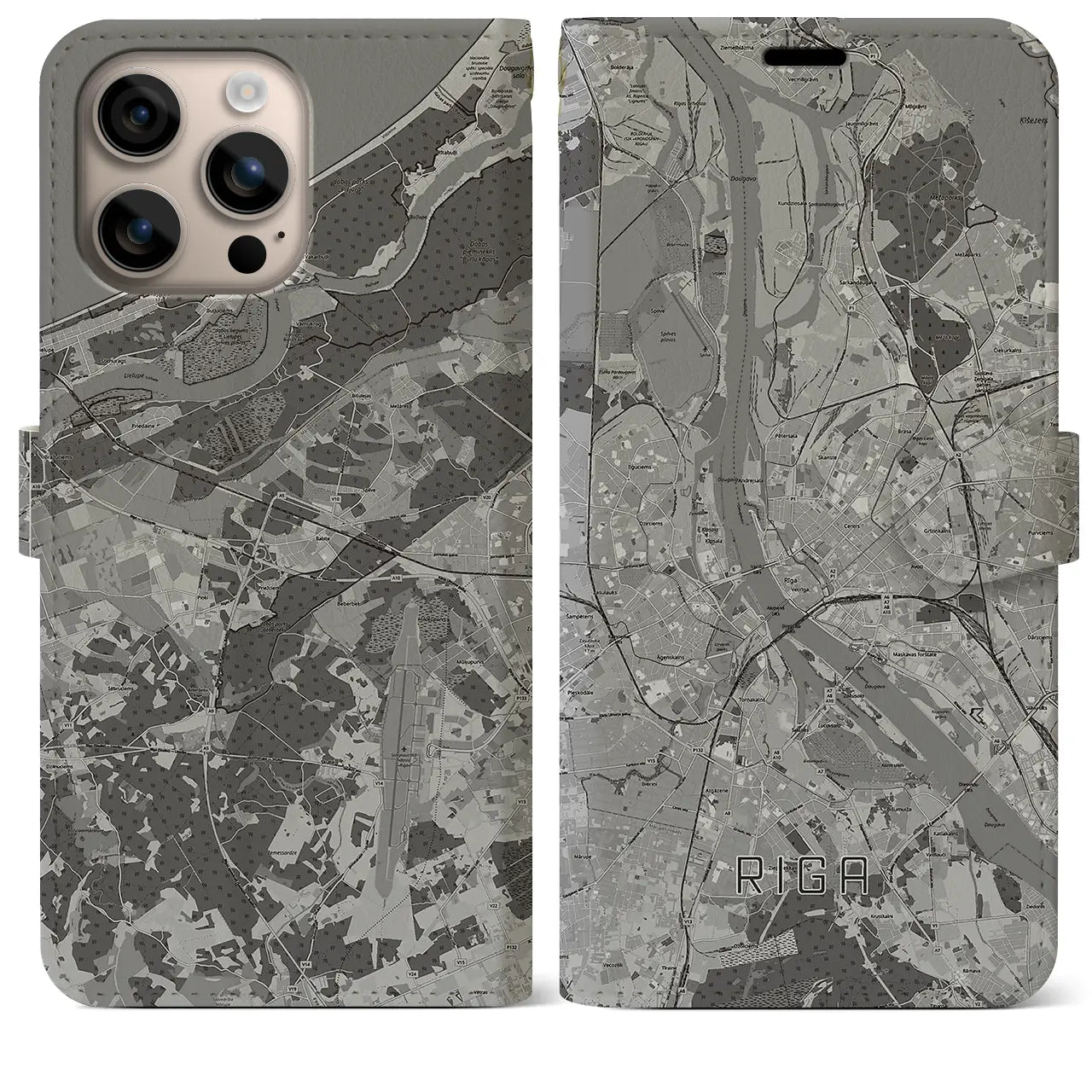 【リガ(ラトビア)】地図柄iPhoneケース(手帳タイプ)モノトーン・iPhone 16 Plus 用