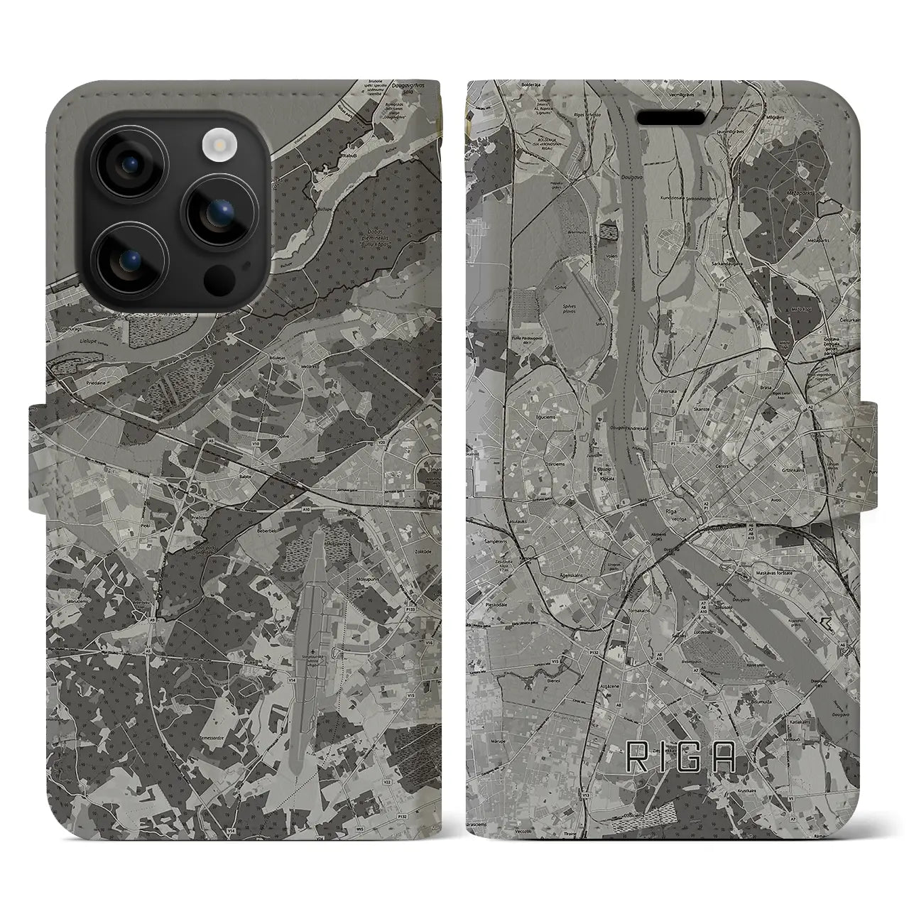 【リガ(ラトビア)】地図柄iPhoneケース(手帳タイプ)モノトーン・iPhone 16 用