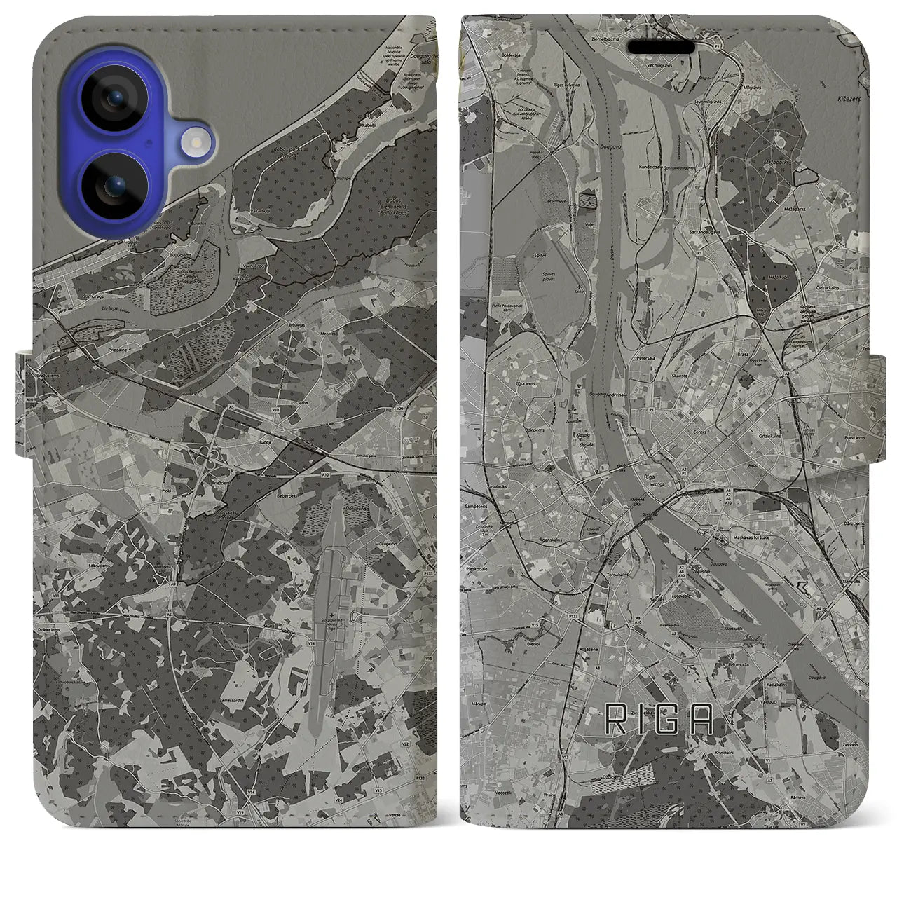 【リガ(ラトビア)】地図柄iPhoneケース(手帳タイプ)モノトーン・iPhone 16 Pro Max 用