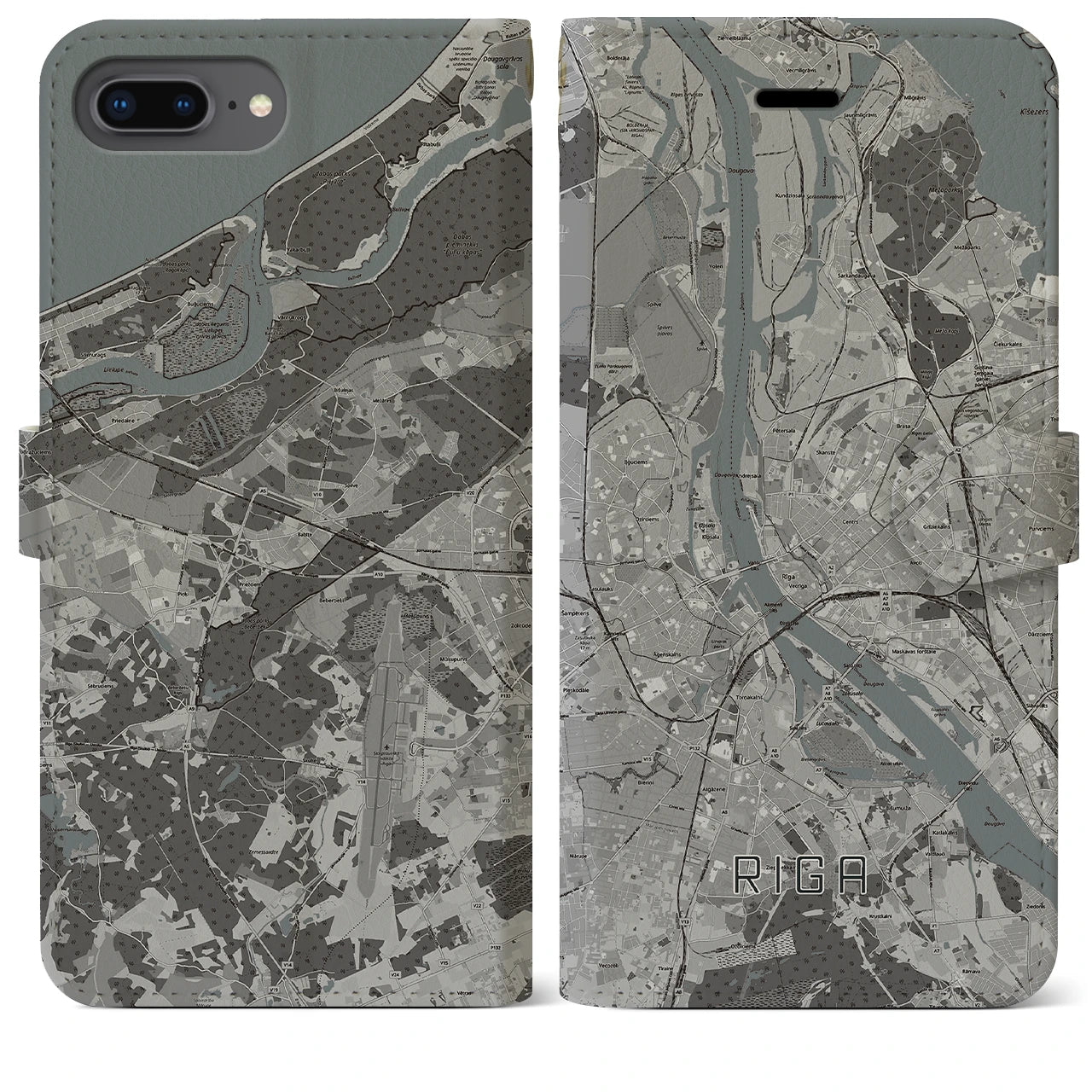【リガ(ラトビア)】地図柄iPhoneケース(手帳タイプ)モノトーン・iPhone 8Plus /7Plus / 6sPlus / 6Plus 用