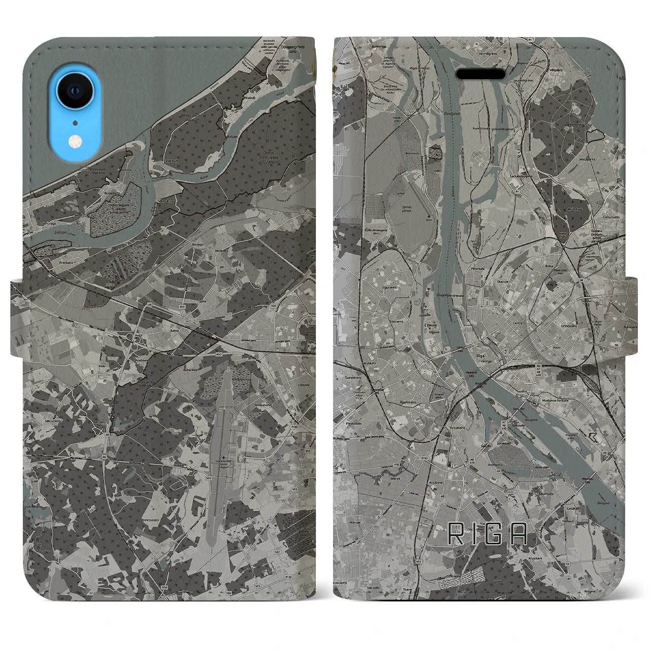 【リガ(ラトビア)】地図柄iPhoneケース(手帳タイプ)モノトーン・iPhone XR 用