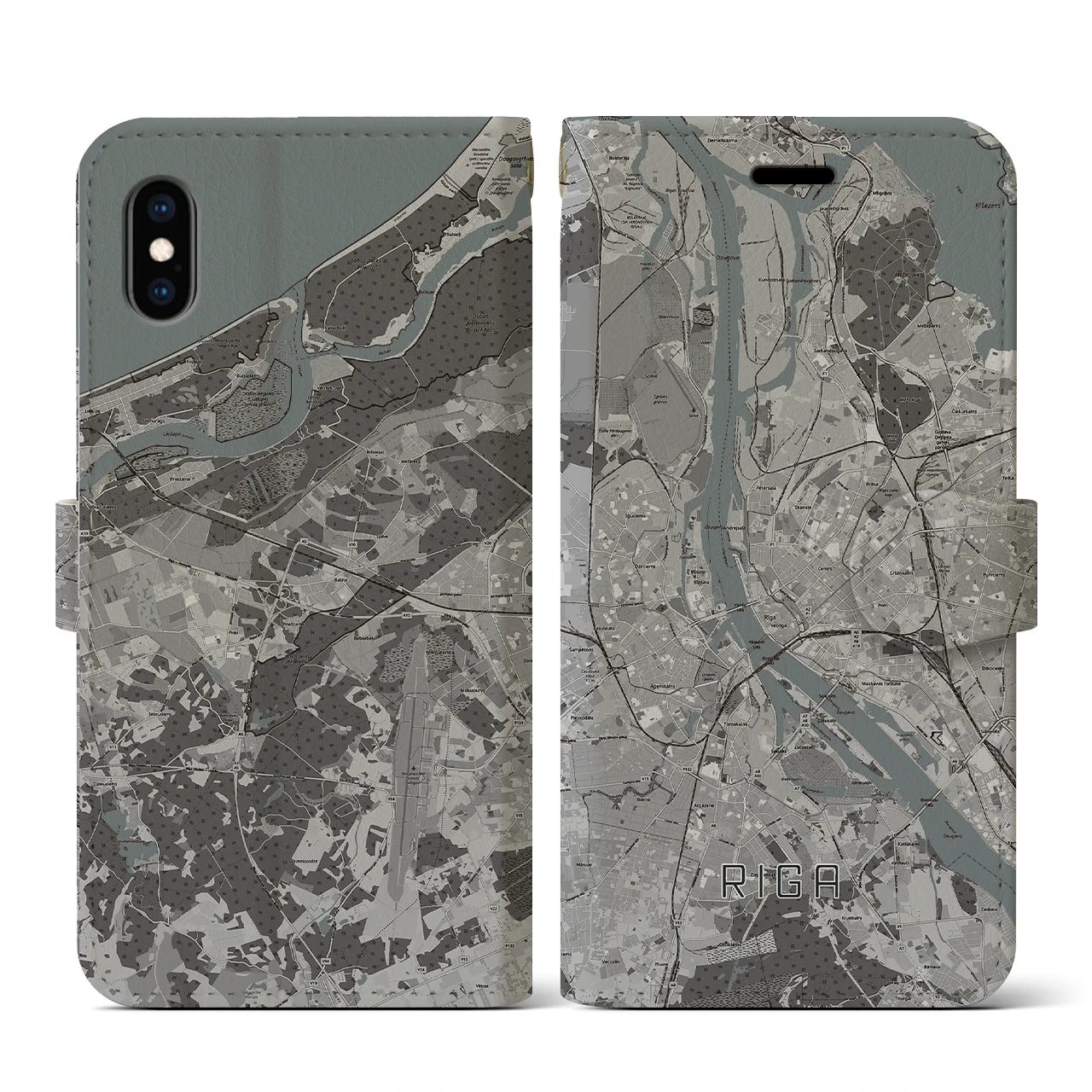 【リガ(ラトビア)】地図柄iPhoneケース(手帳タイプ)モノトーン・iPhone XS / X 用