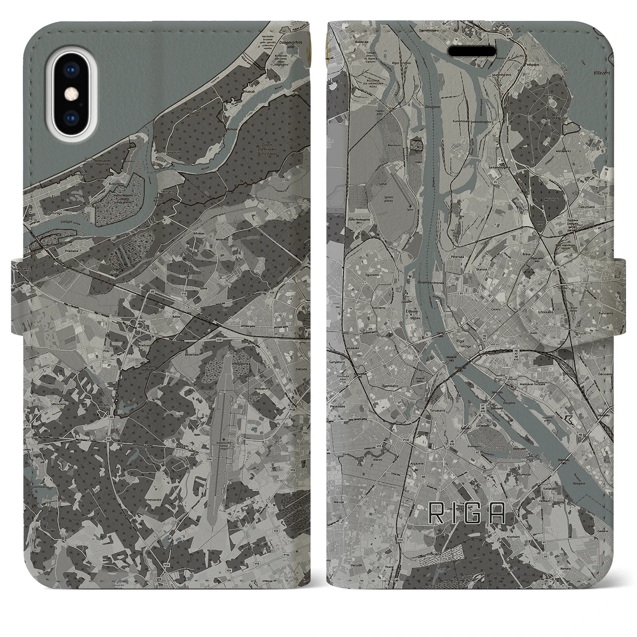 【リガ(ラトビア)】地図柄iPhoneケース(手帳タイプ)モノトーン・iPhone XS Max 用