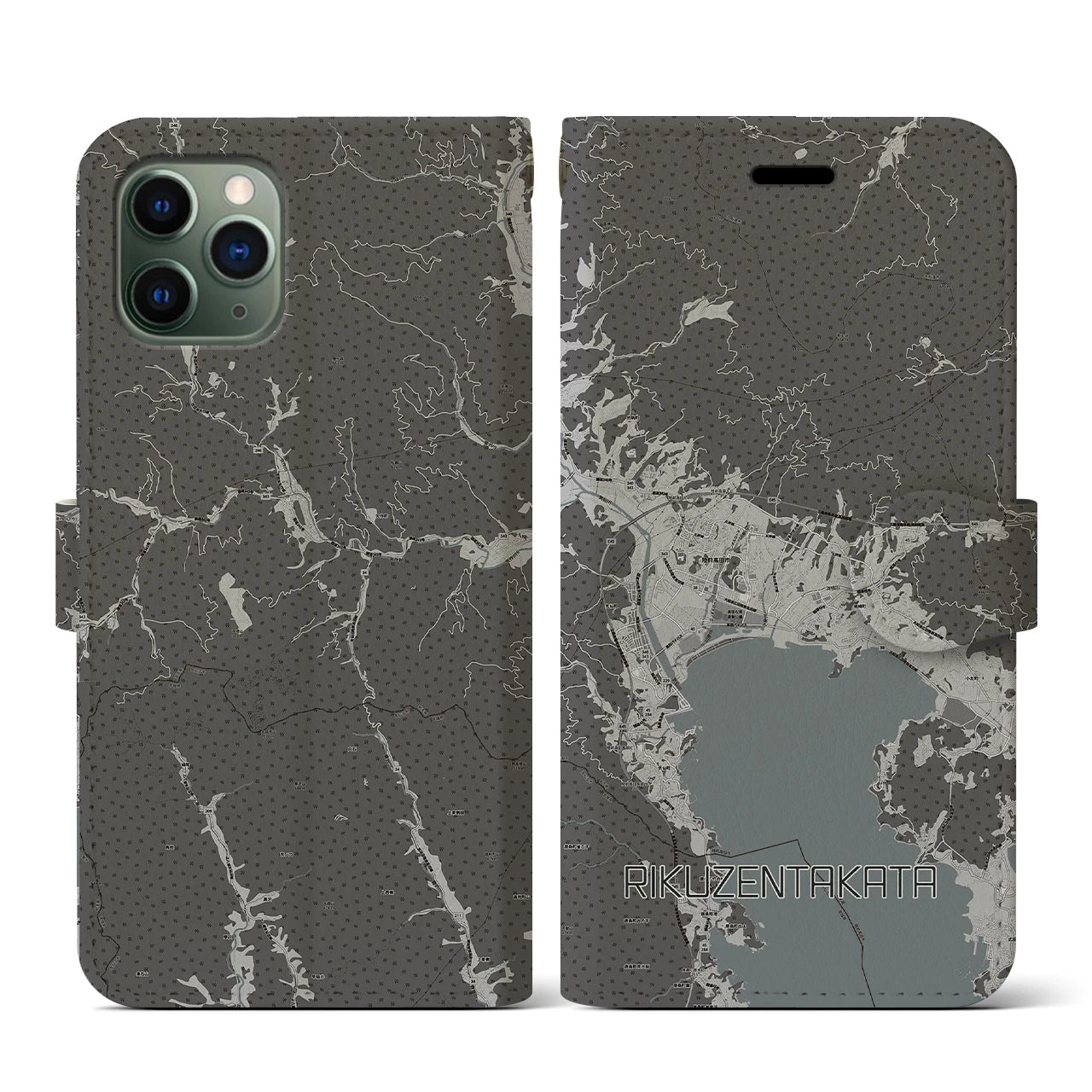 【陸前高田(岩手県)】地図柄iPhoneケース(手帳タイプ)モノトーン・iPhone 11 Pro 用